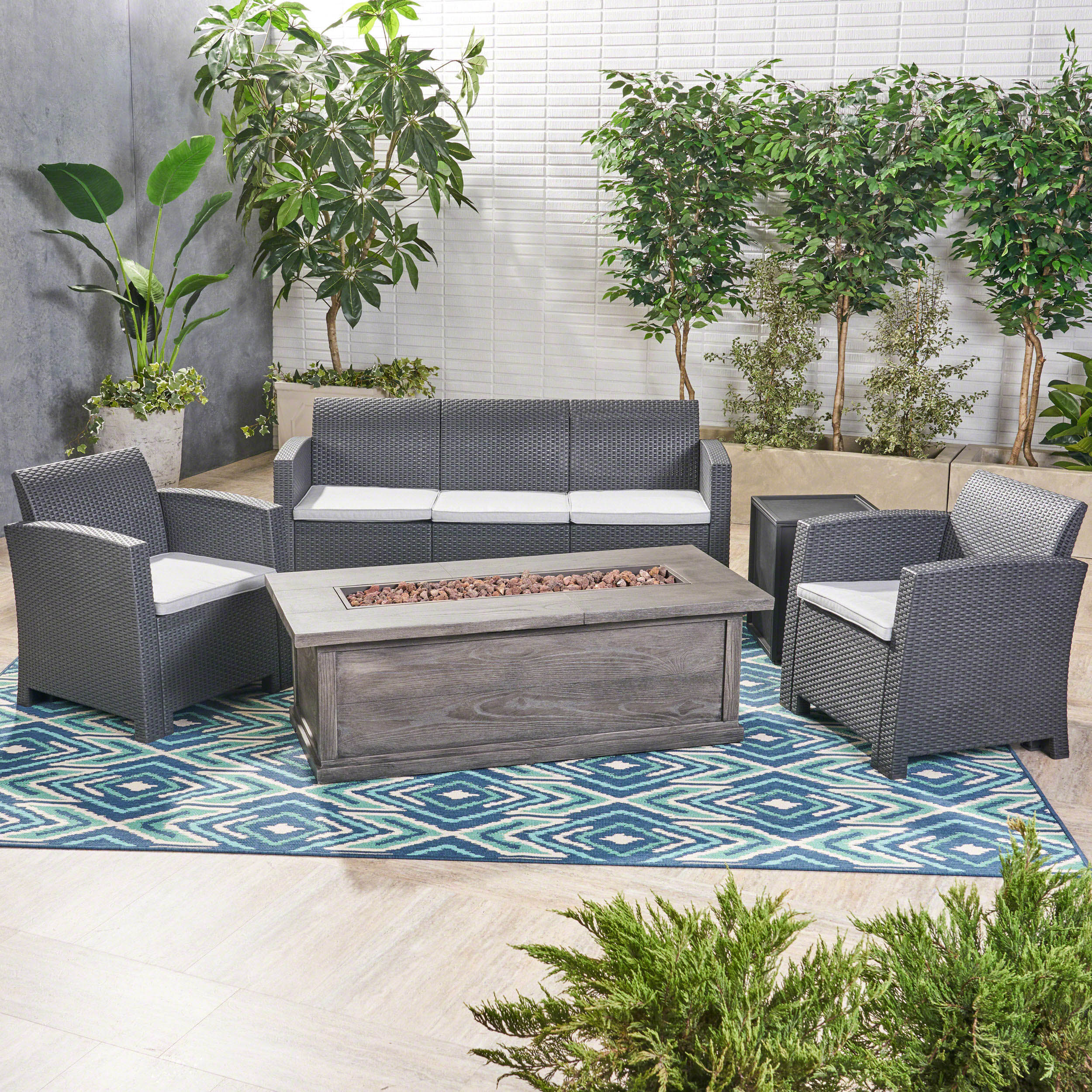 Melik Outdoor 5-Seater Wicker Print Chat Set with Fire Pit and Tank Holder - furnishings