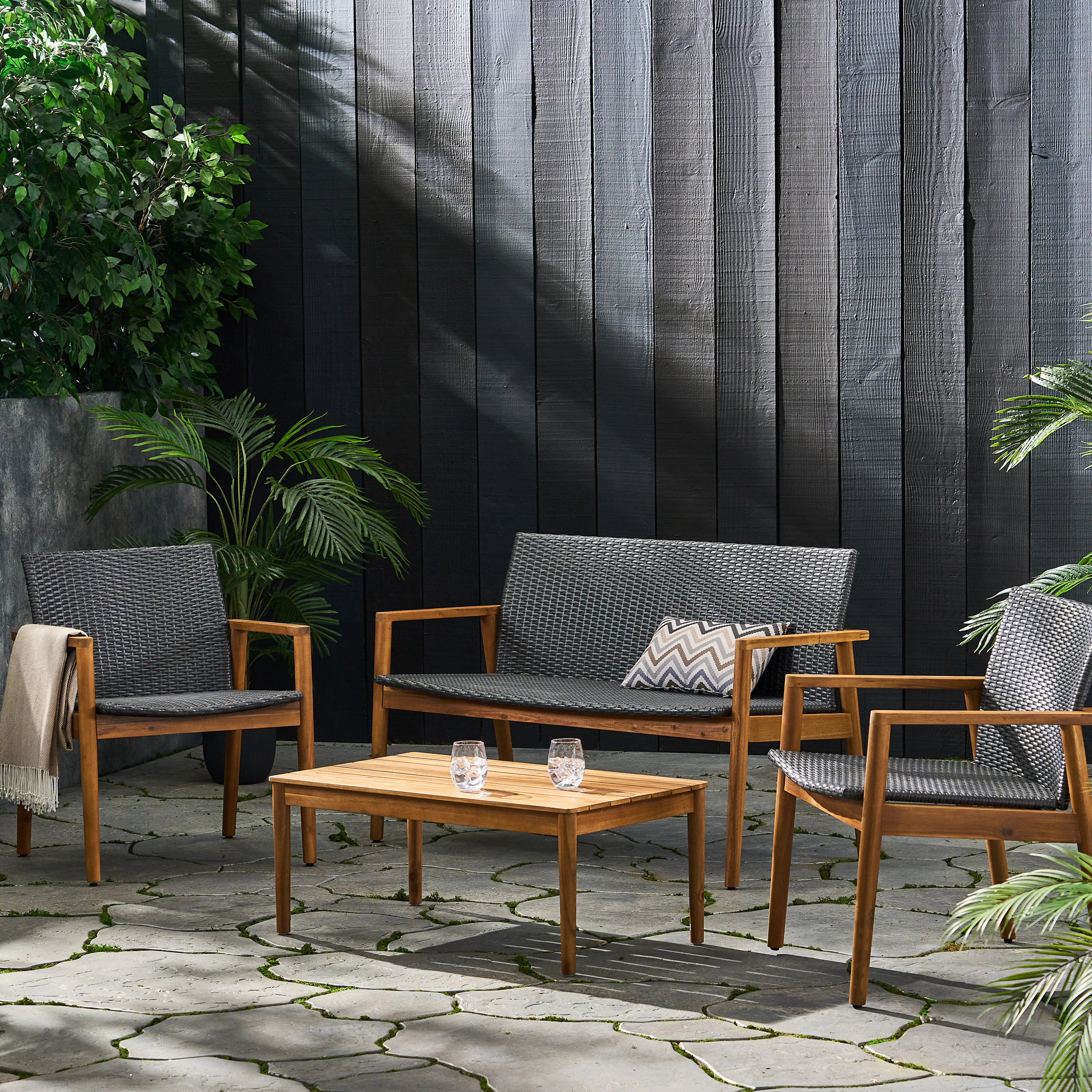 Alamosa Outdoor Wicker and Acacia Wood 4 Seater Chat , Gray and Teak - furnishings