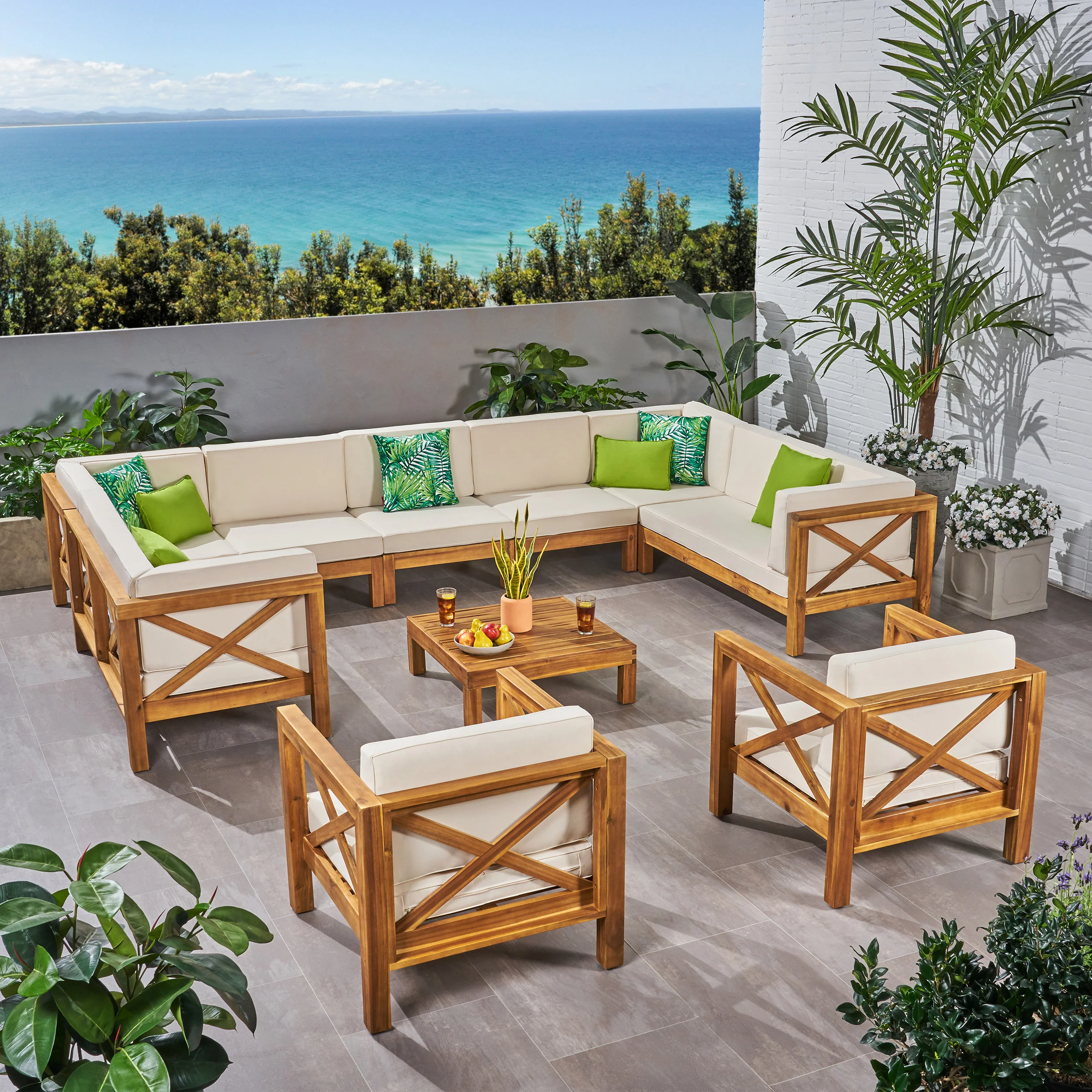 Isabella Outdoor 11 Seater Acacia Wood Sectional Sofa and Club Chair Set - furnishings