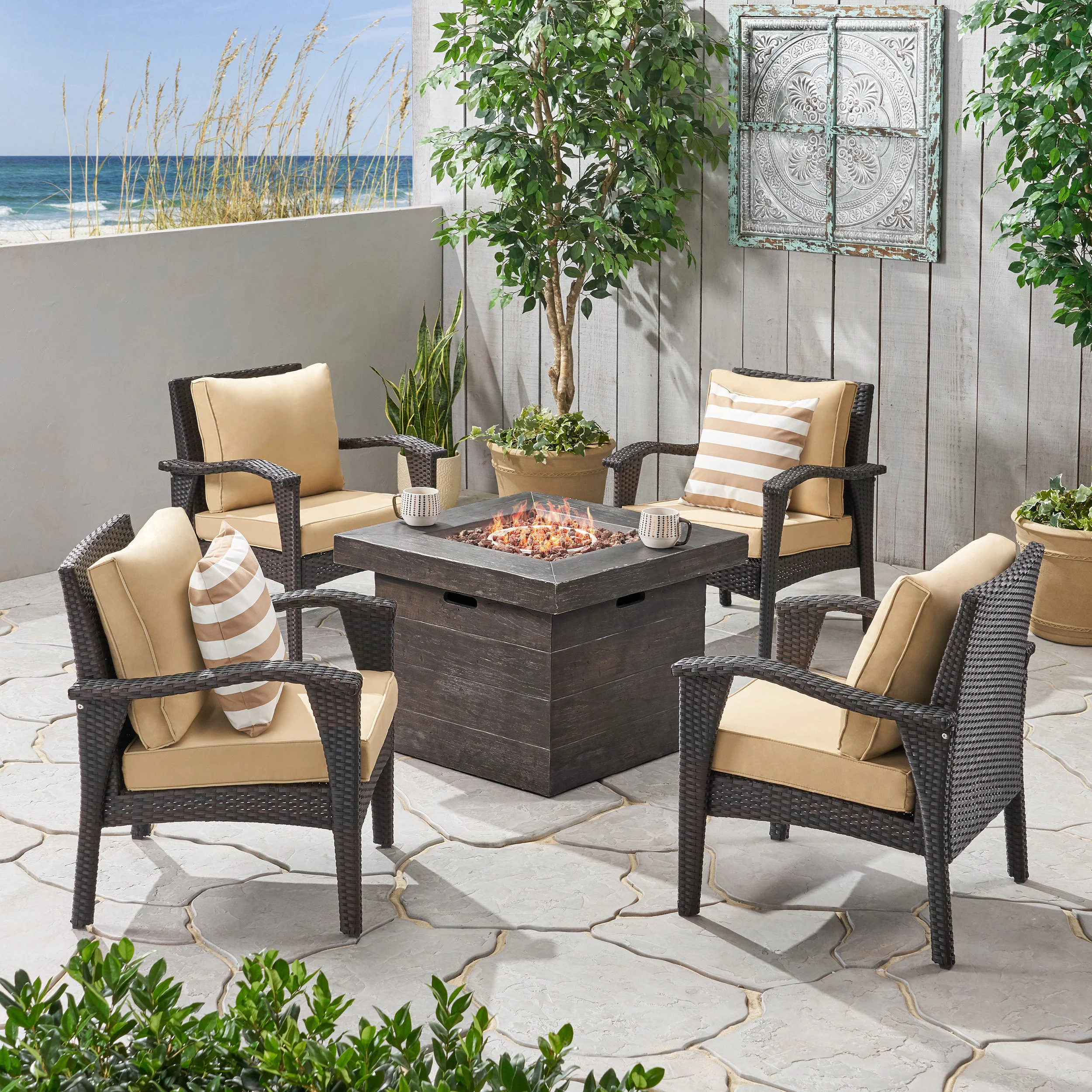 Mahala Outdoor 4 Club Chair Chat Set with Fire Pit - furnishings
