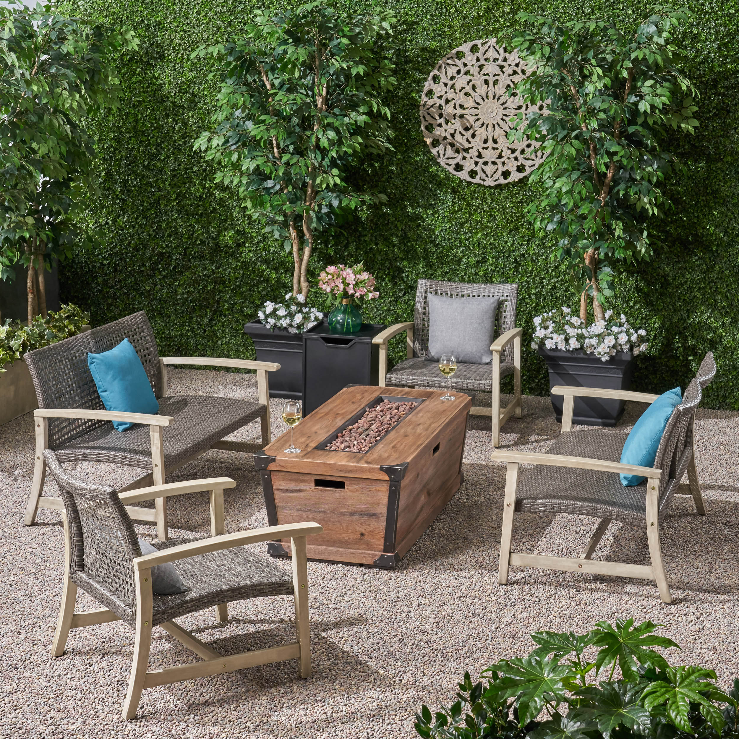Levant Outdoor 4 Piece Wood and Wicker Chat Set with Fire Pit - furnishings