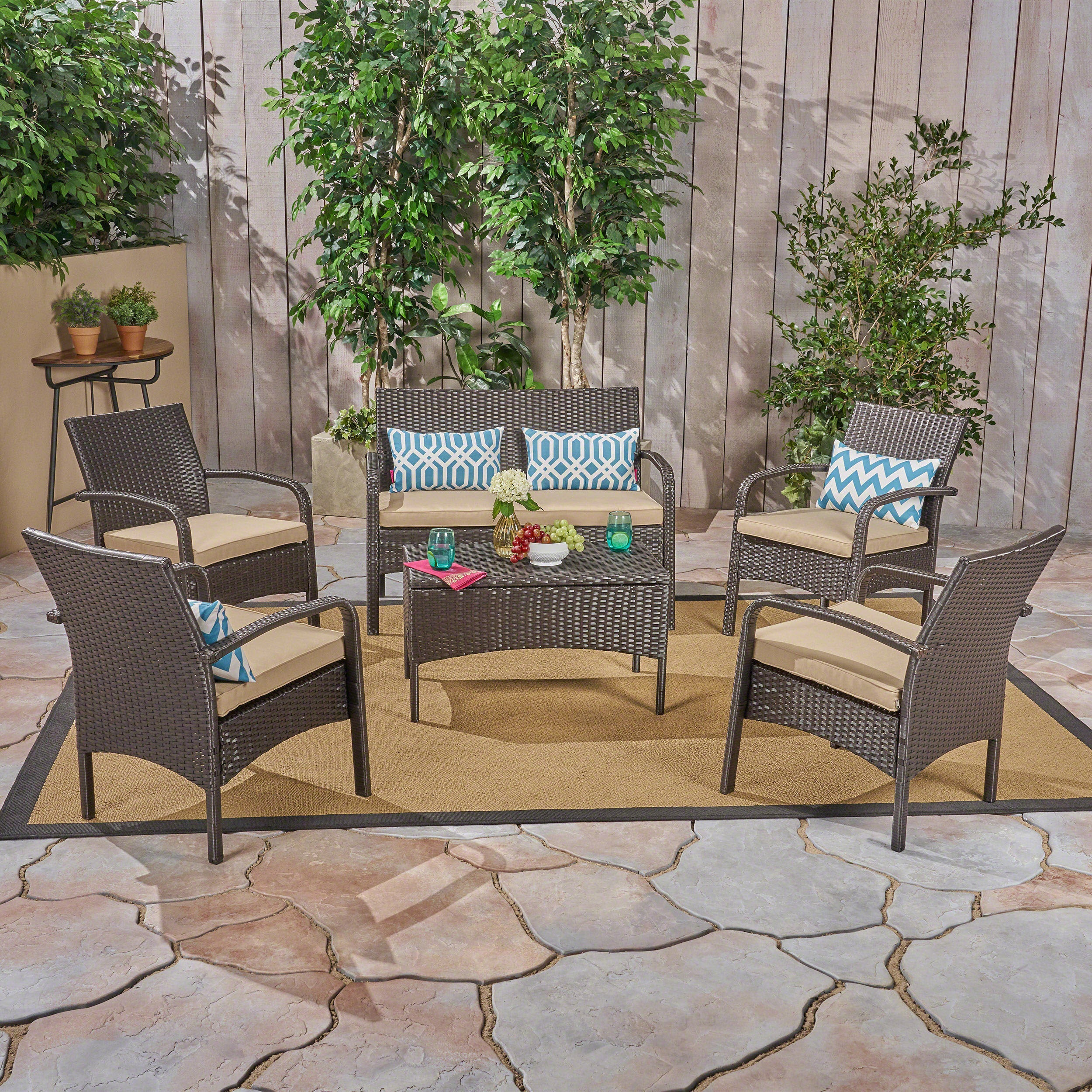 Mavis Patio Conversation Set, 6-Seater with Loveseat, Club Chairs, and Coffee Table, Brown Wicker with Tan Outdoor Cushions - furnishings