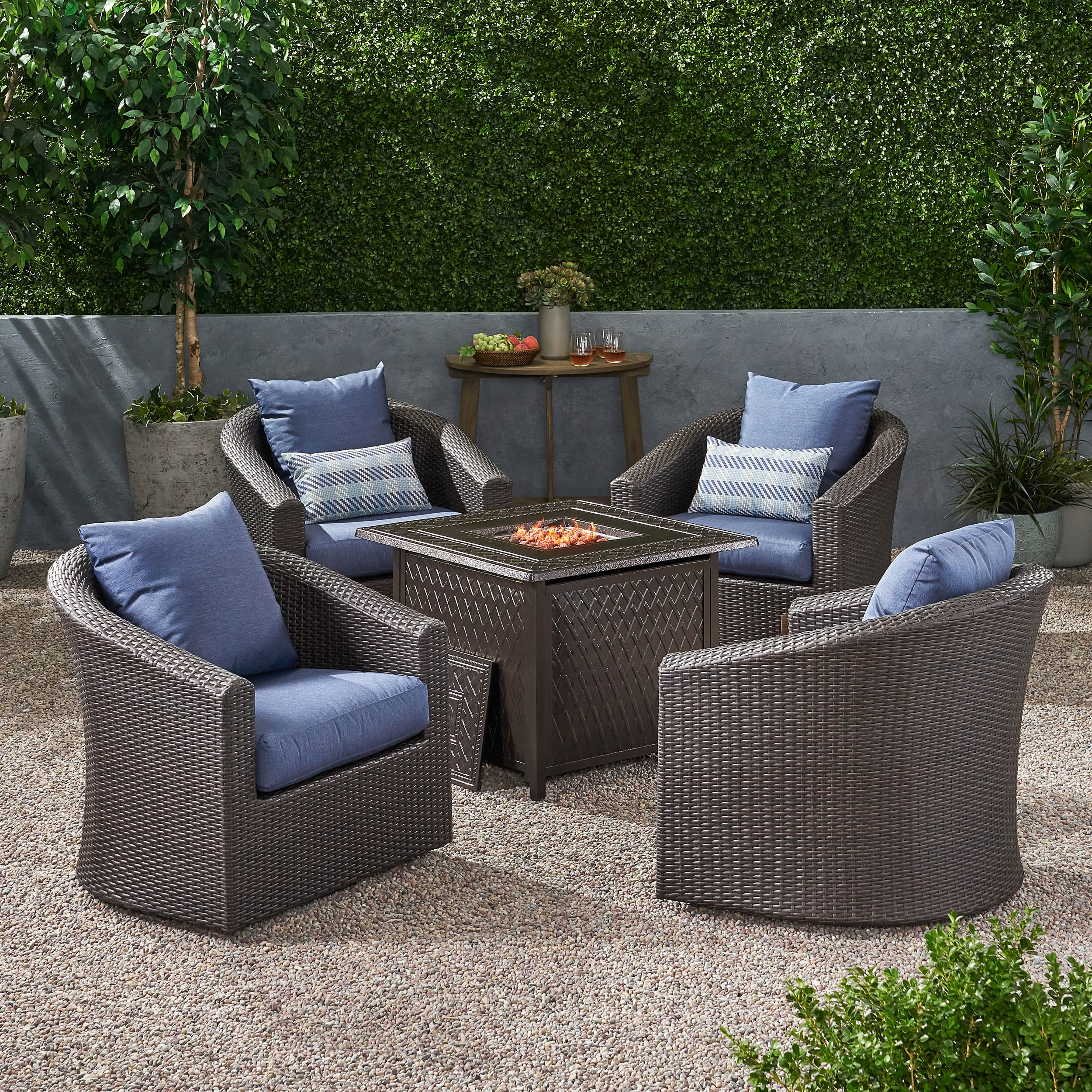 Dillard Outdoor 4 Seater Wicker Swivel Chair and Fire Pit Set - furnishings