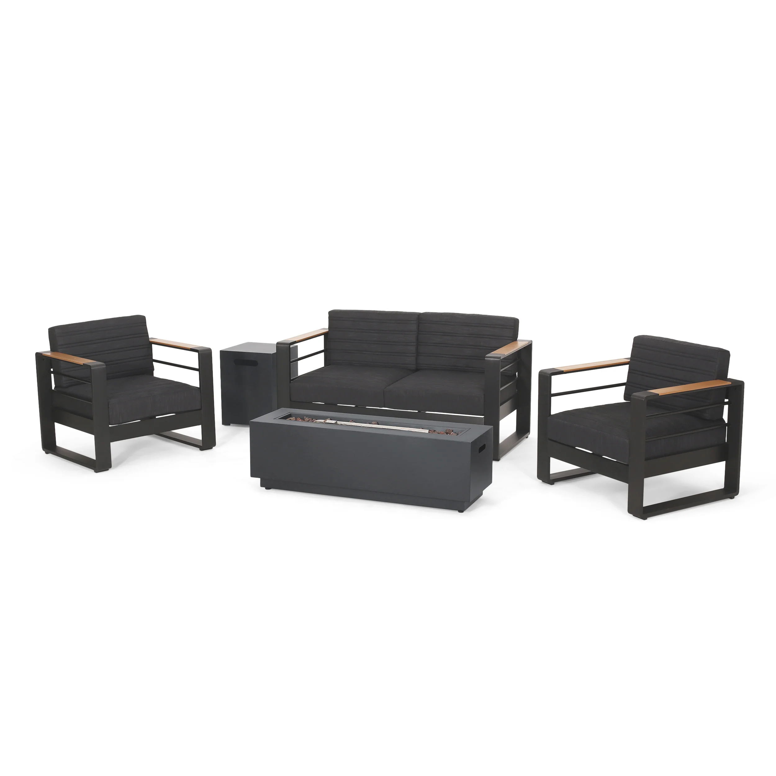 Hooven Outdoor Aluminum 4 Seater Chat Set with Fire Pit, Black, Natural, and Dark Gray - furnishings