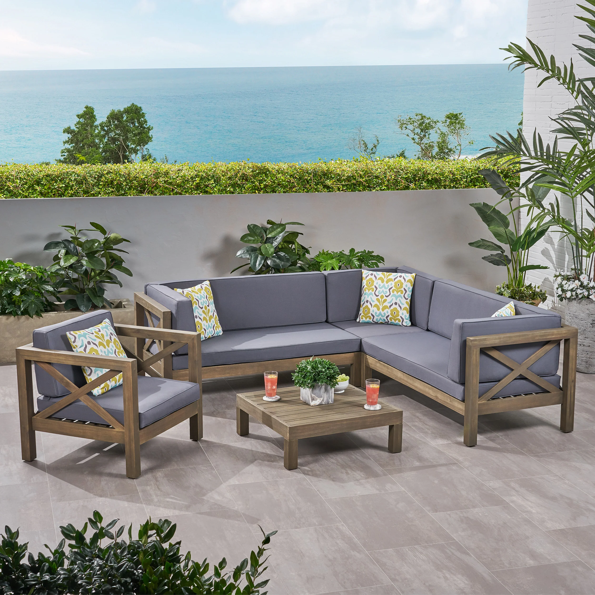 Morgan Outdoor 6 Seater Acacia Wood Sectional Sofa and Club Chair Set - furnishings