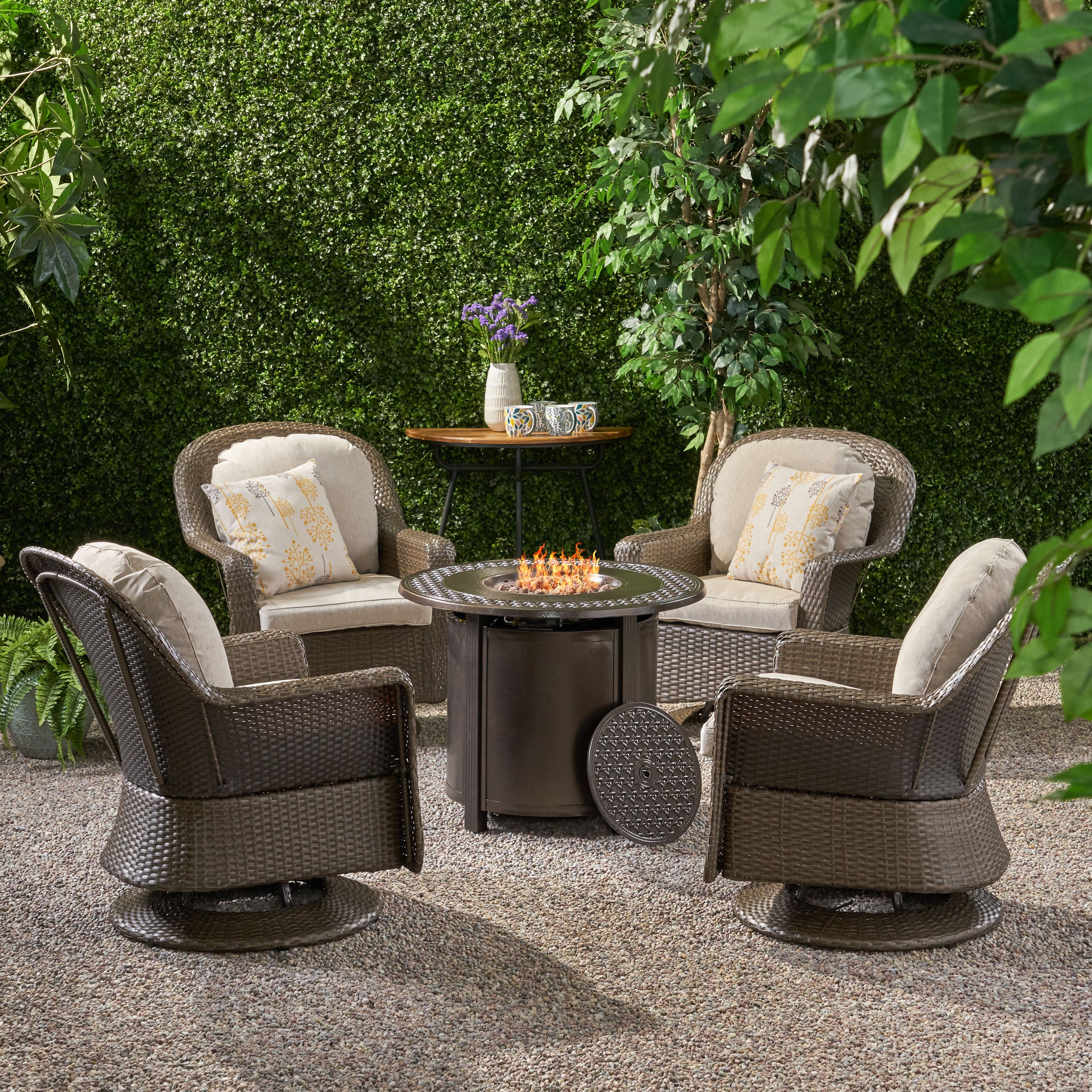Linsten Outdoor 4 Seater Wicker Swivel Chair and Fire Pit Set - furnishings