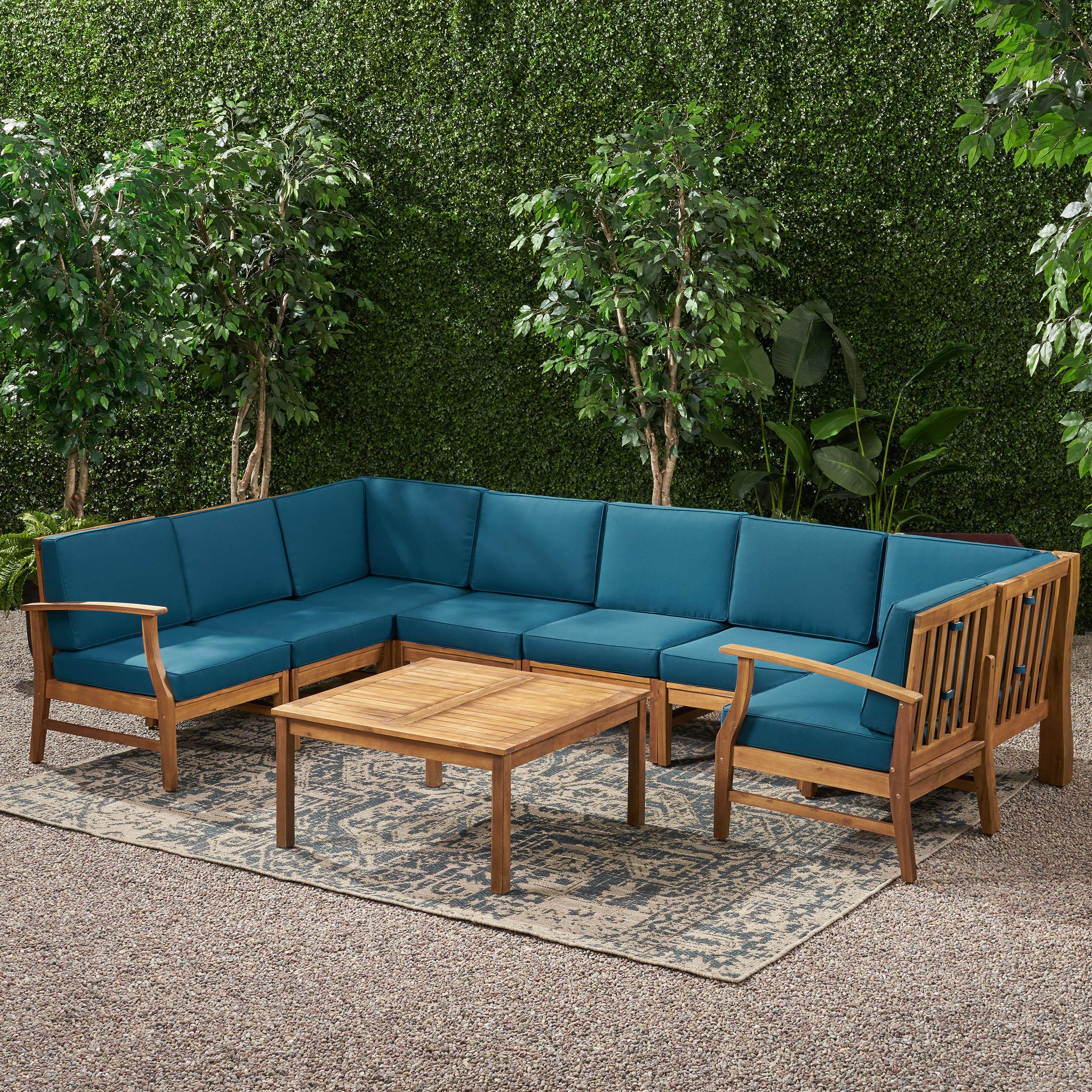 Scarlett Outdoor 8 Seat Teak Finished Acacia Wood Sectional Sofa and Table Set - furnishings