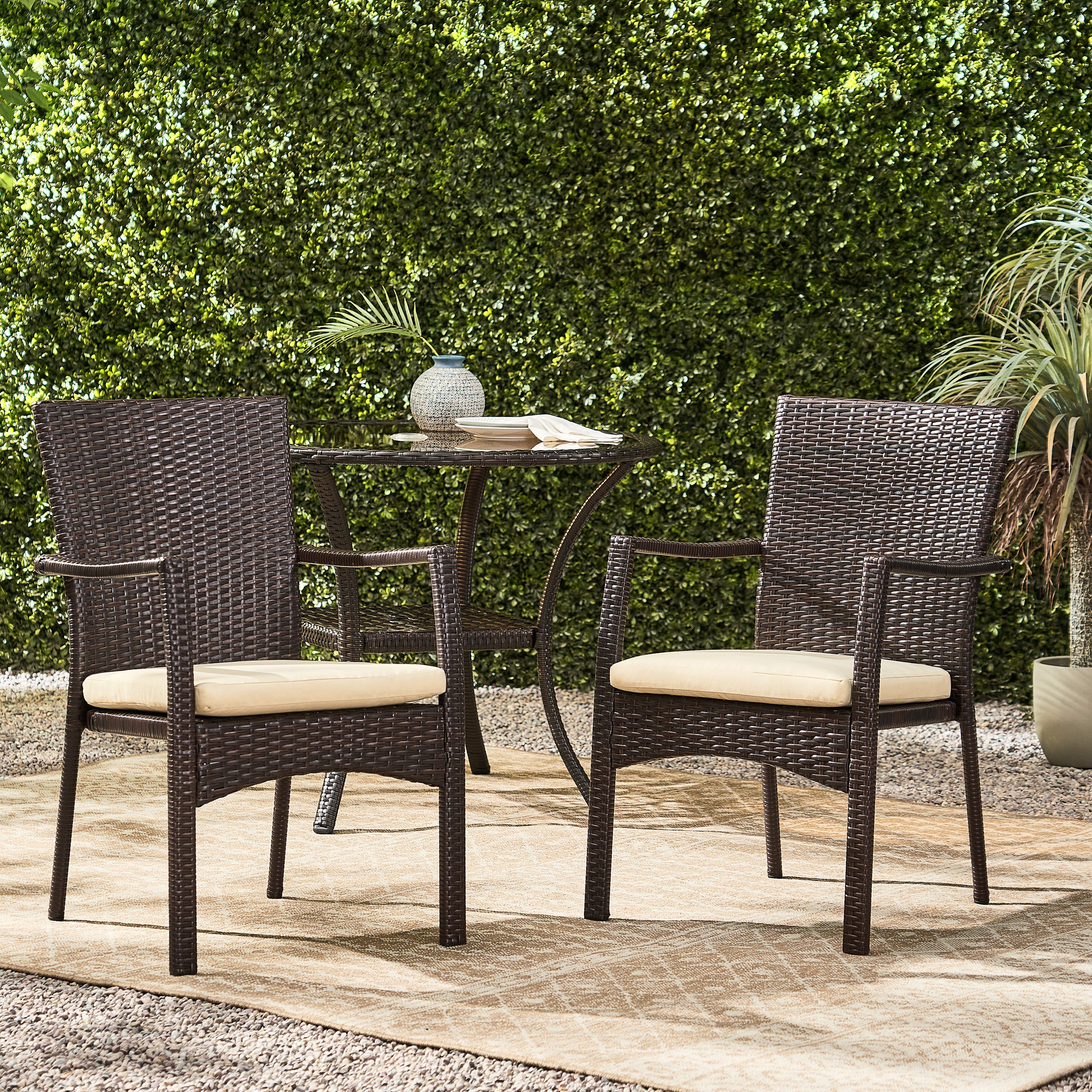 Melba Outdoor Brown Wicker Dining Chair with Beige Cushion (Set of 2) - furnishings