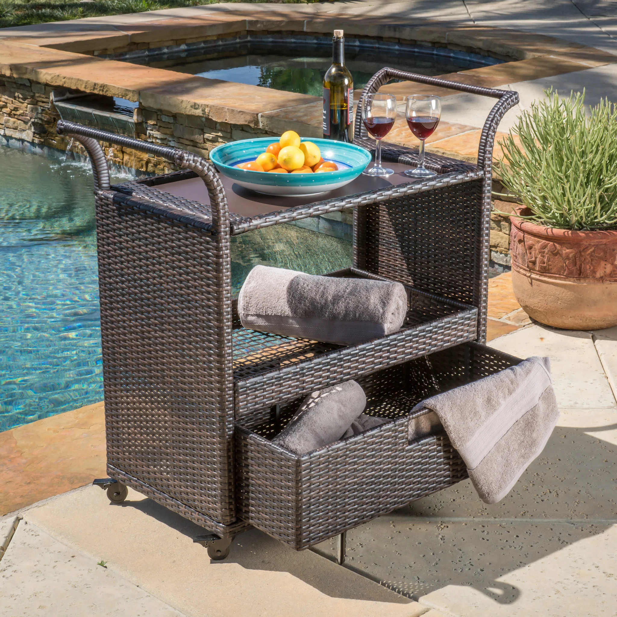 Shelton Multi-Brown Wicker Bar Cart - furnishings