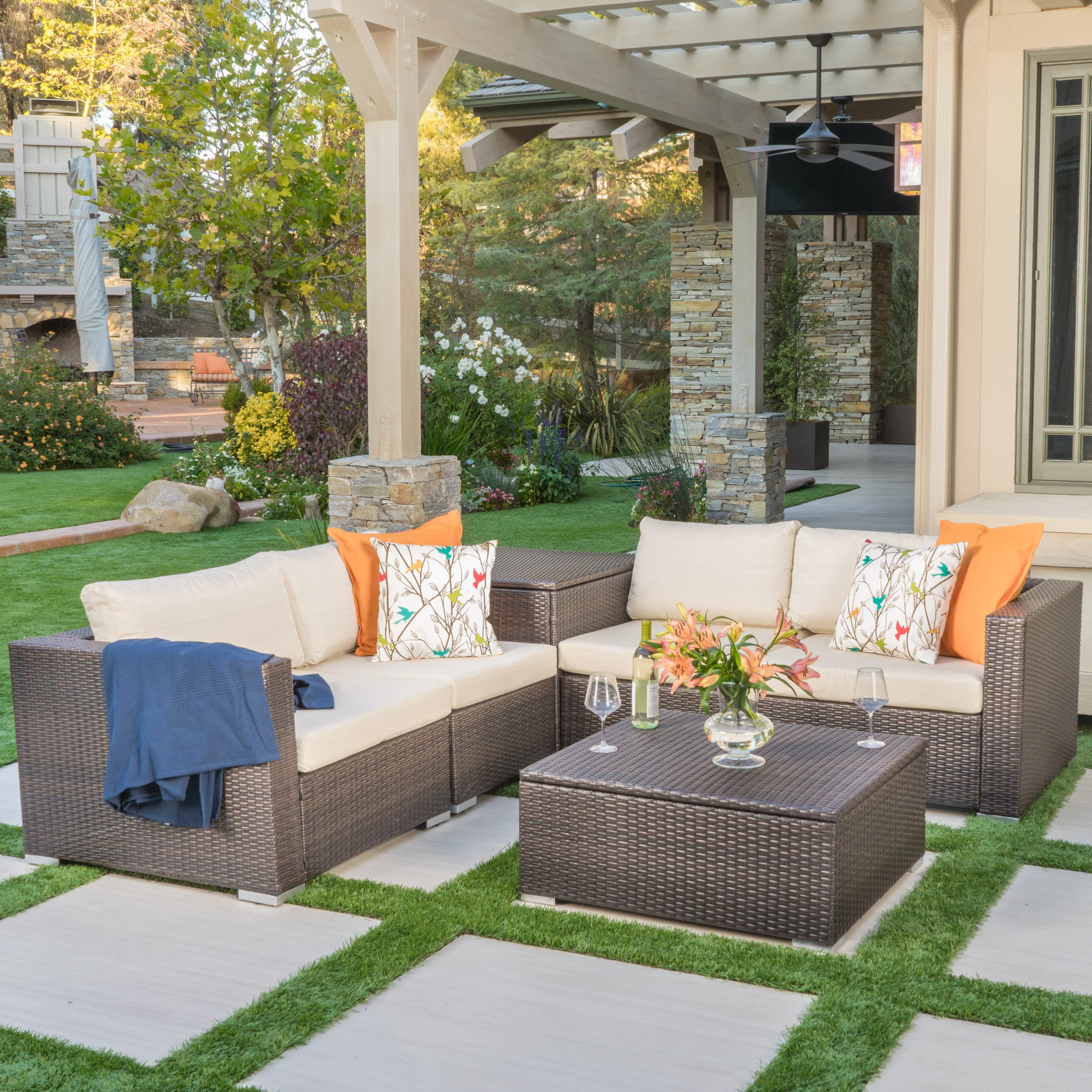 Francisco 6pc Outdoor Wicker Sectional Sofa Set w/ Cushions - furnishings