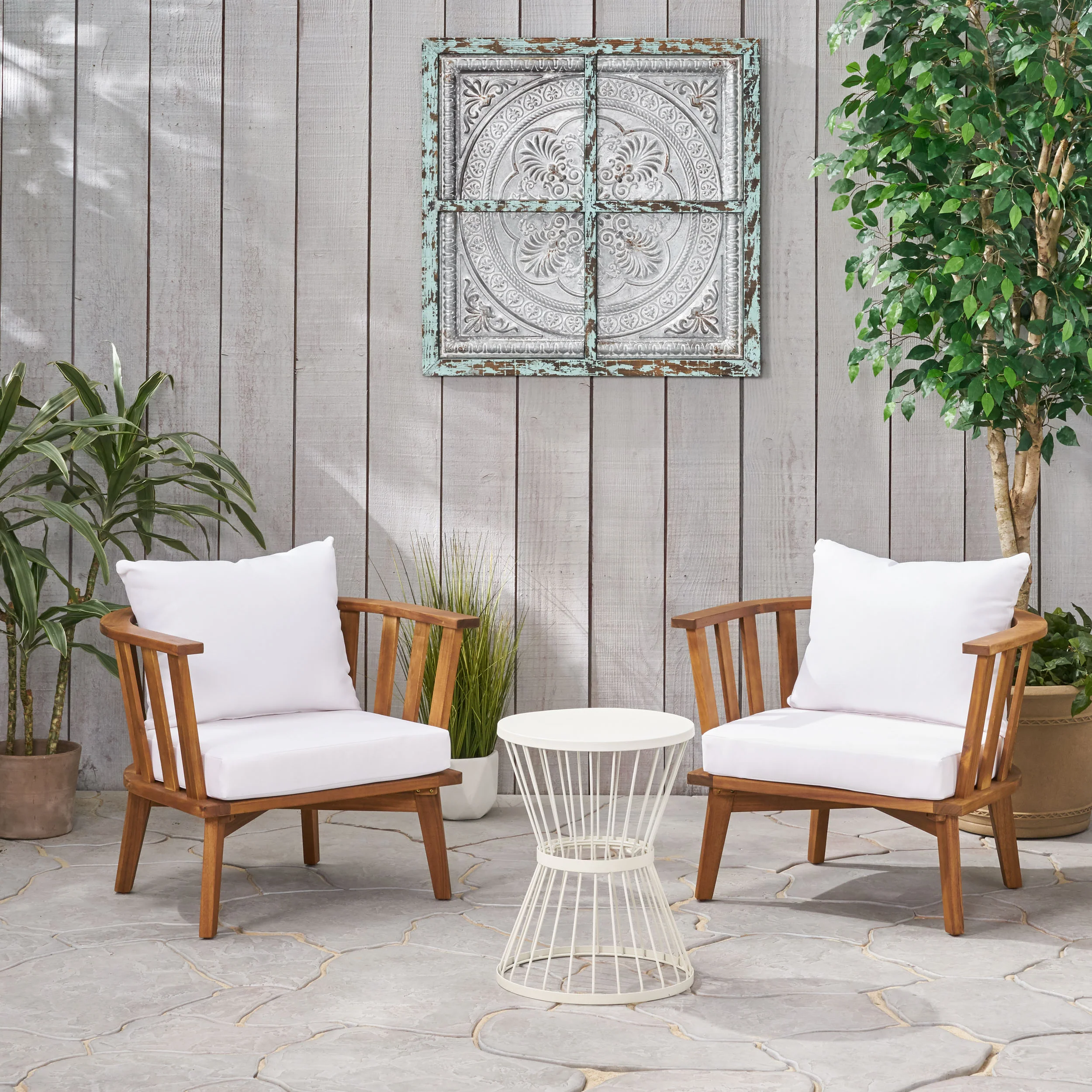 Nancy Outdoor Acacia Wood 2 Seater Club Chairs and Side Table Set - furnishings