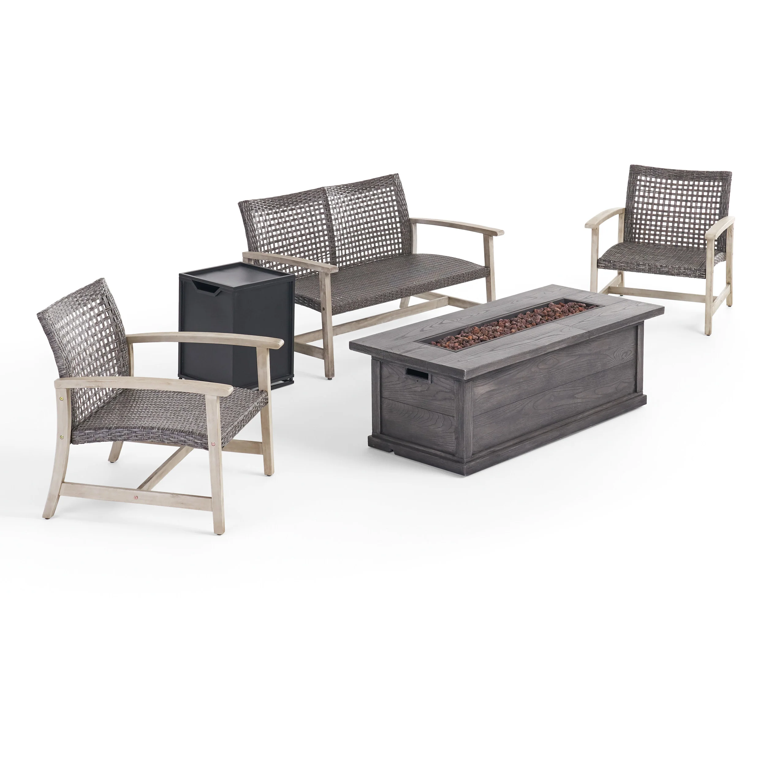 Rachel Outdoor 5 Piece Wood and Wicker Chat Set with Fire Pit - furnishings