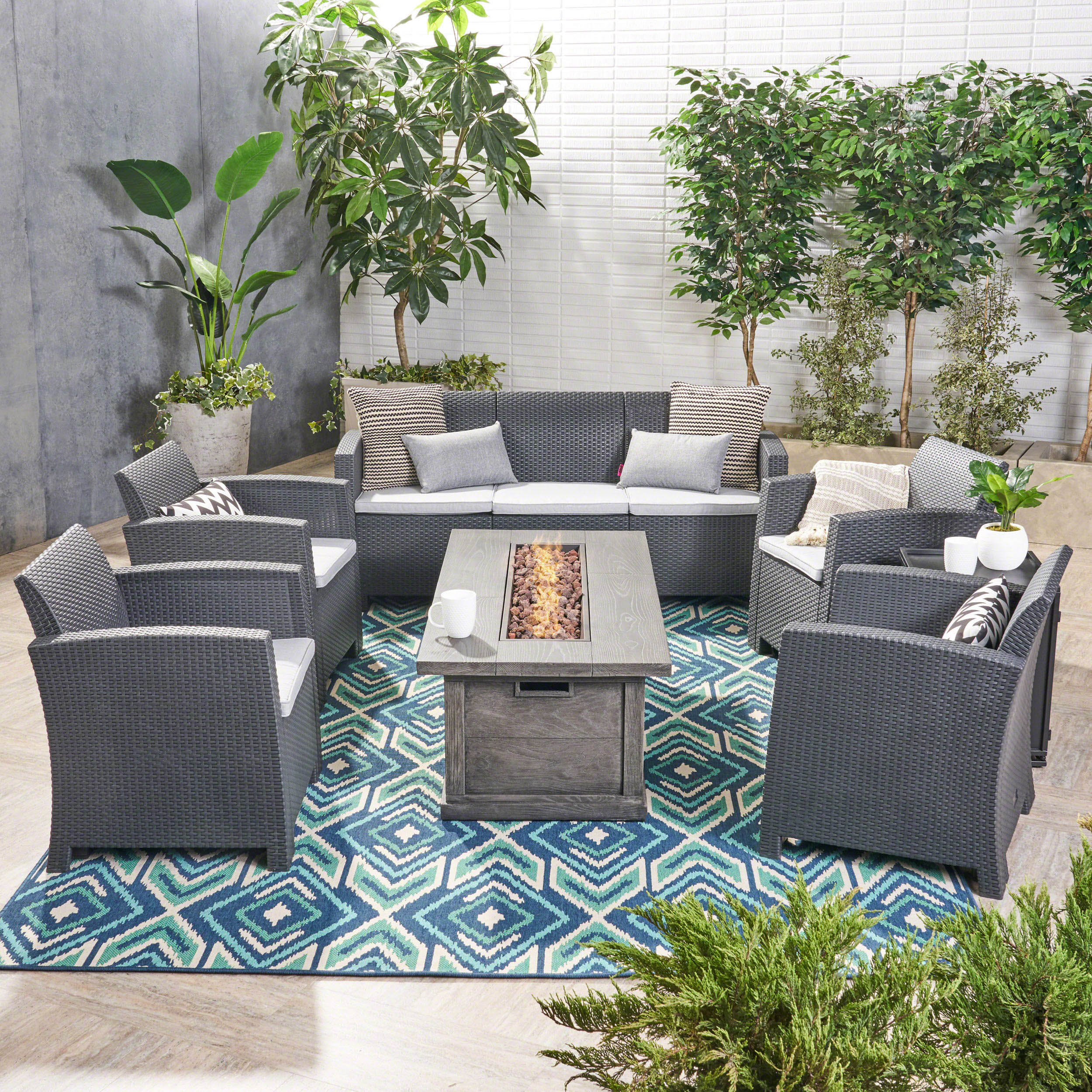 Melik Outdoor 7-Seater Wicker Print Chat Set with Fire Pit and Tank Holder - furnishings