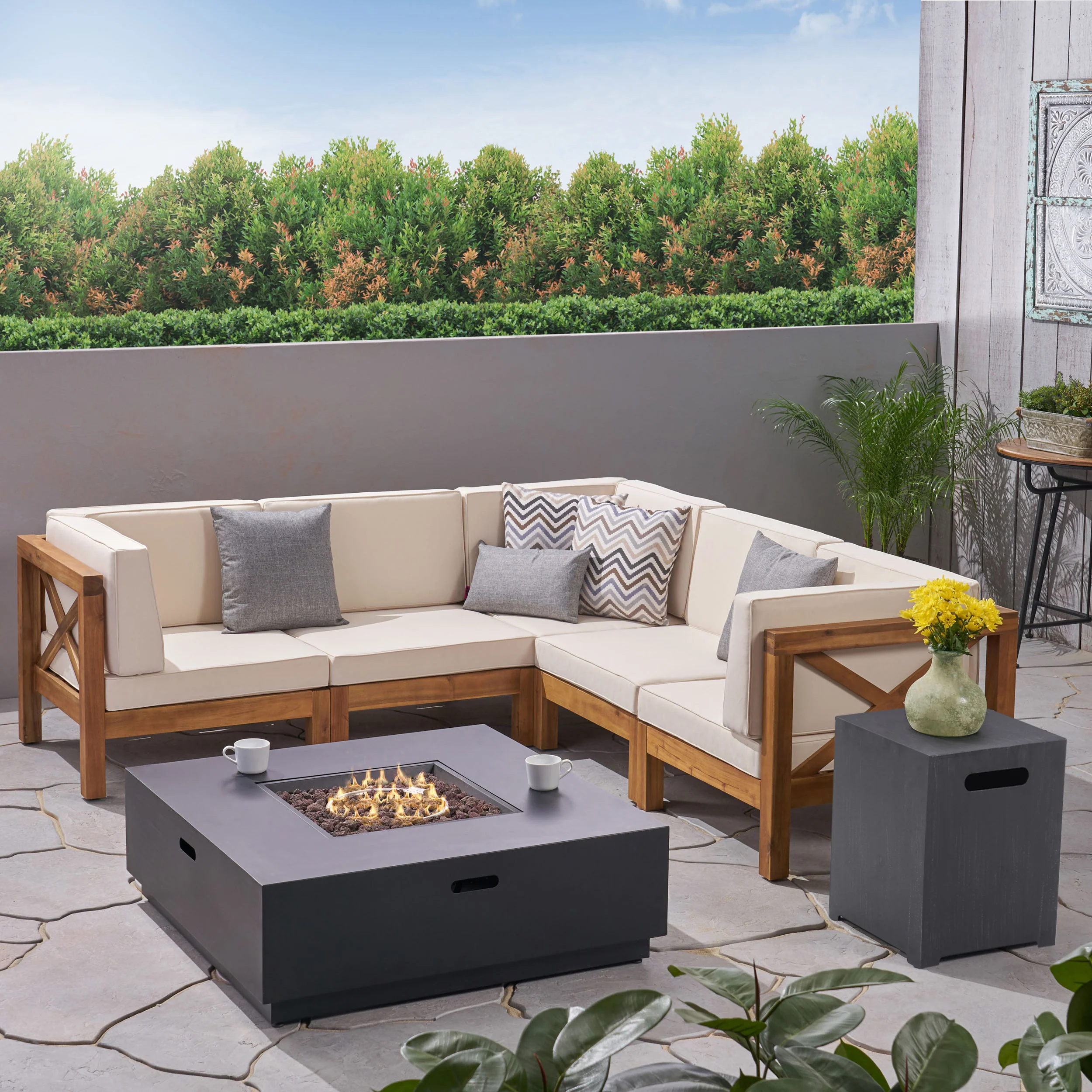 Gina Outdoor Acacia Wood 5 Seater Sectional Sofa Set with Fire Pit - furnishings