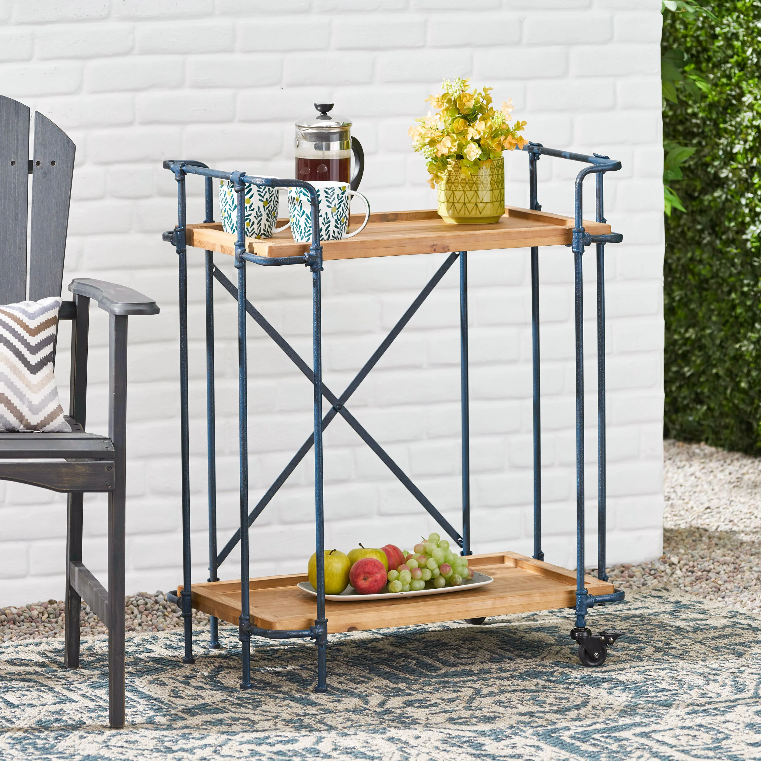 Samara Outdoors Natural Wood Finish Fir Wood and Iron Bar Cart - furnishings