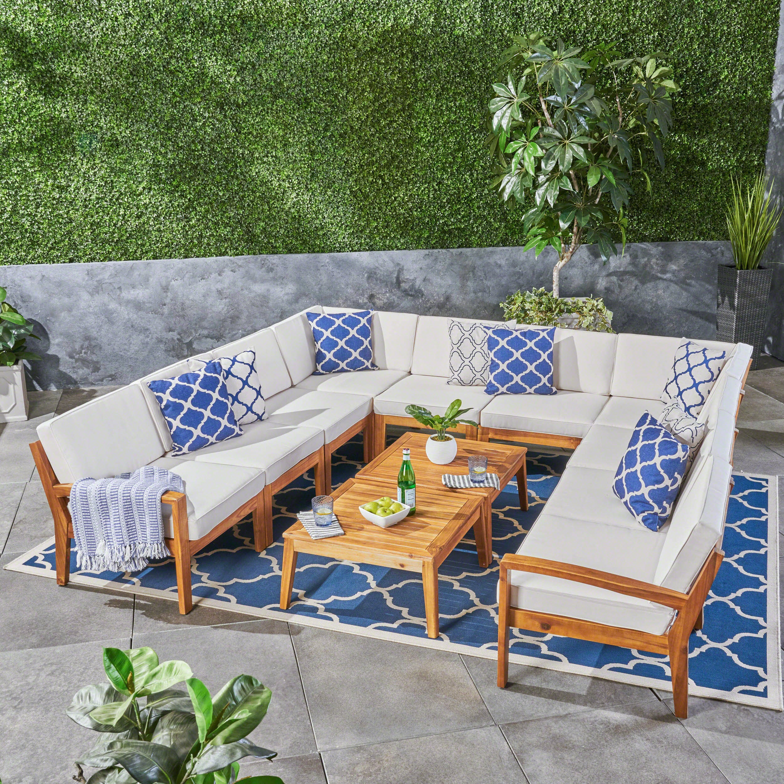 Ray Outdoor Acacia Wood 10 Seater Sectional Sofa Set with Two Coffee Tables - furnishings