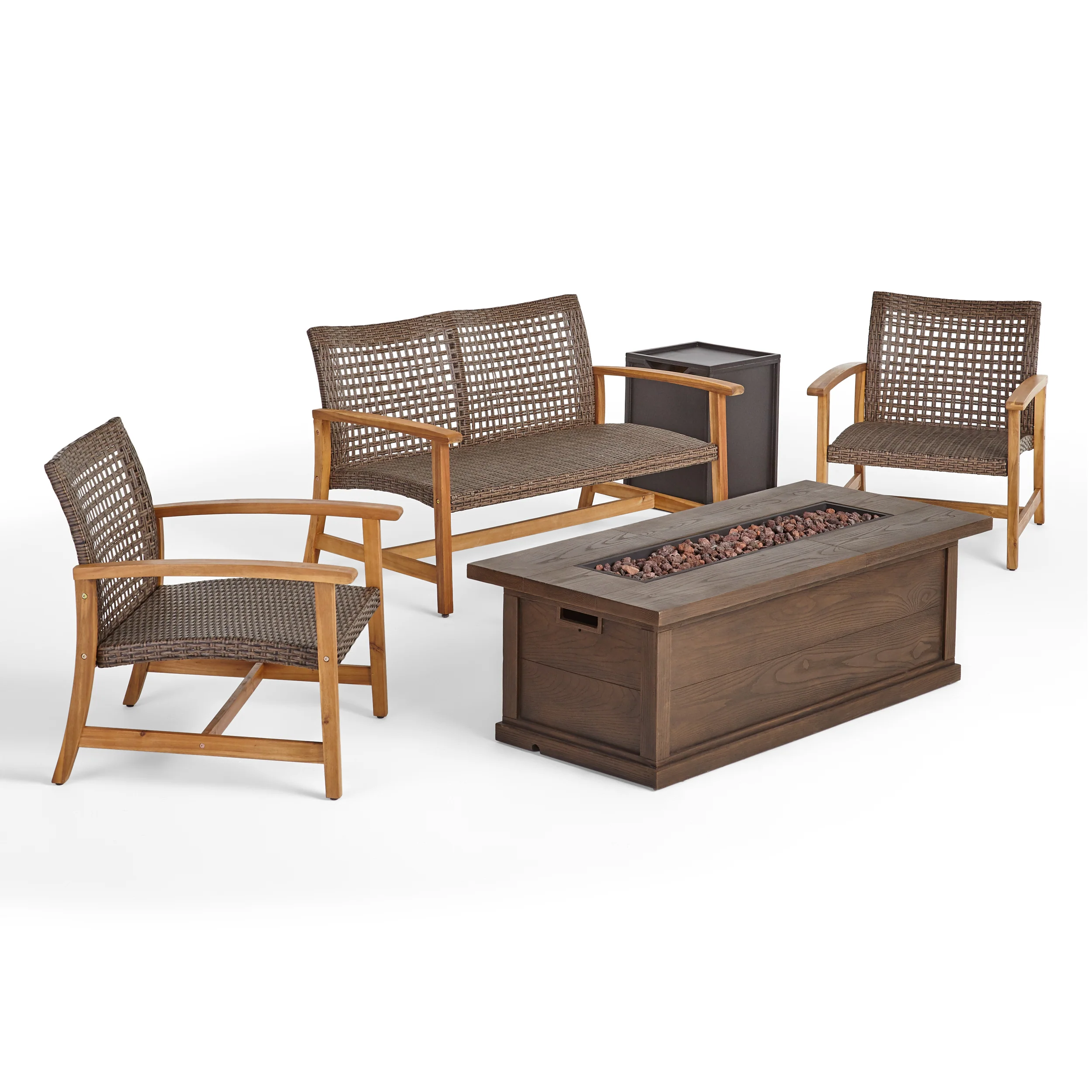 Rachel Outdoor 5 Piece Wood and Wicker Chat Set with Fire Pit - furnishings