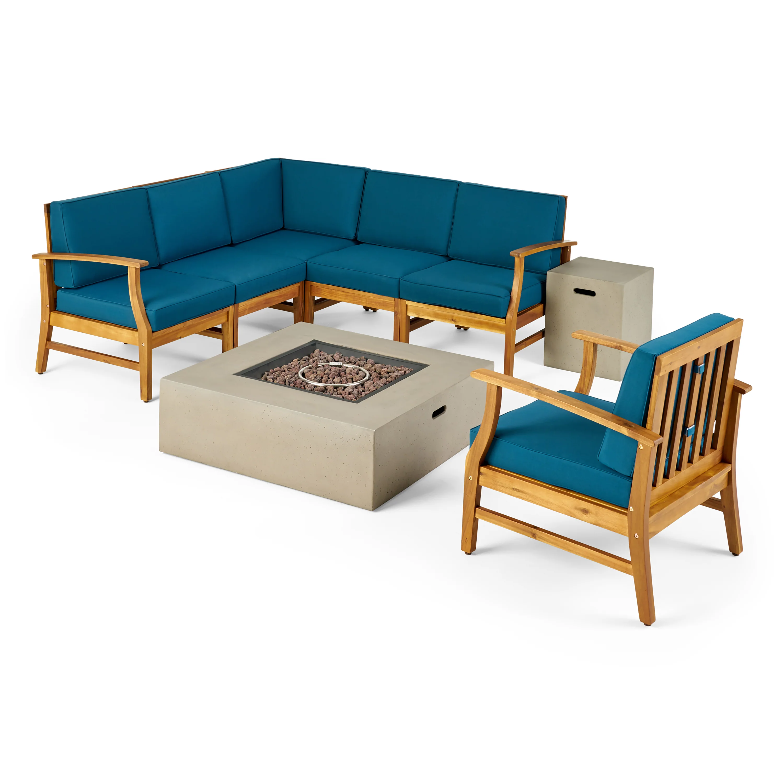 Nyeemah Outdoor 6 Seater Acacia Wood Sofa Set with Square Fire Table and Tank - furnishings