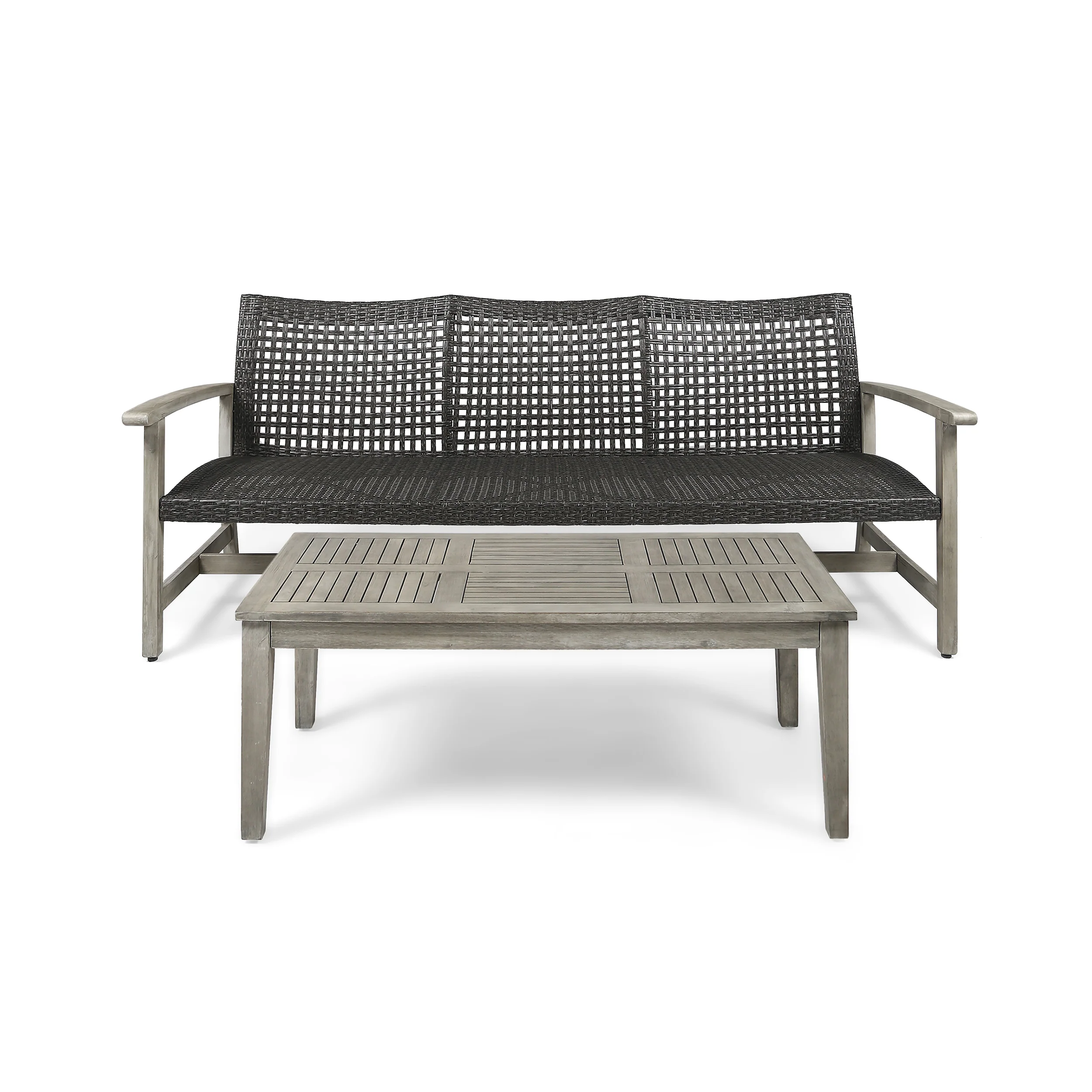 Beacher Belloc Outdoor Wood and Wicker Sofa and Coffee Table Set - furnishings