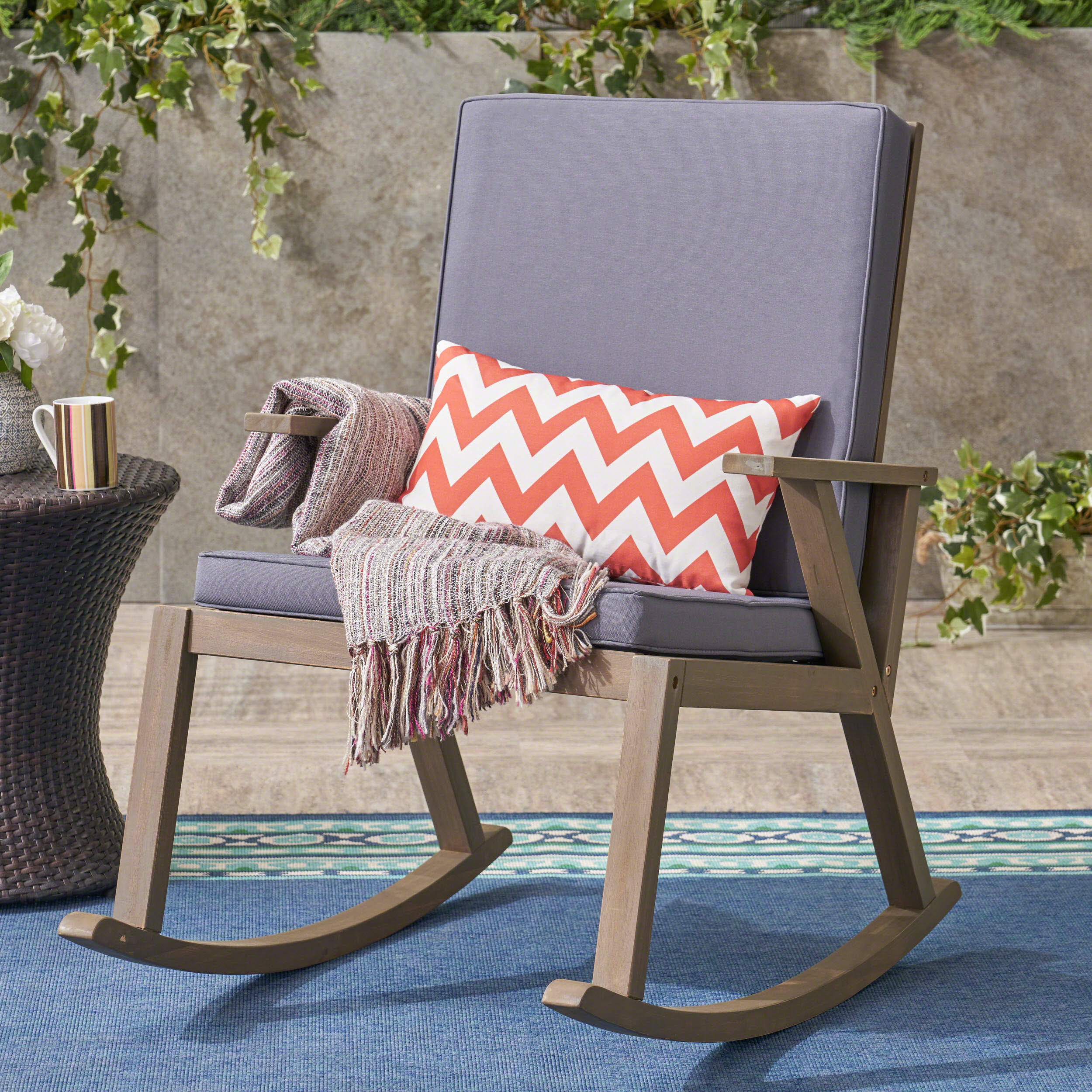 Andy Outdoor Acacia Wood Rocking Chair with Water-Resistant Cushions - furnishings