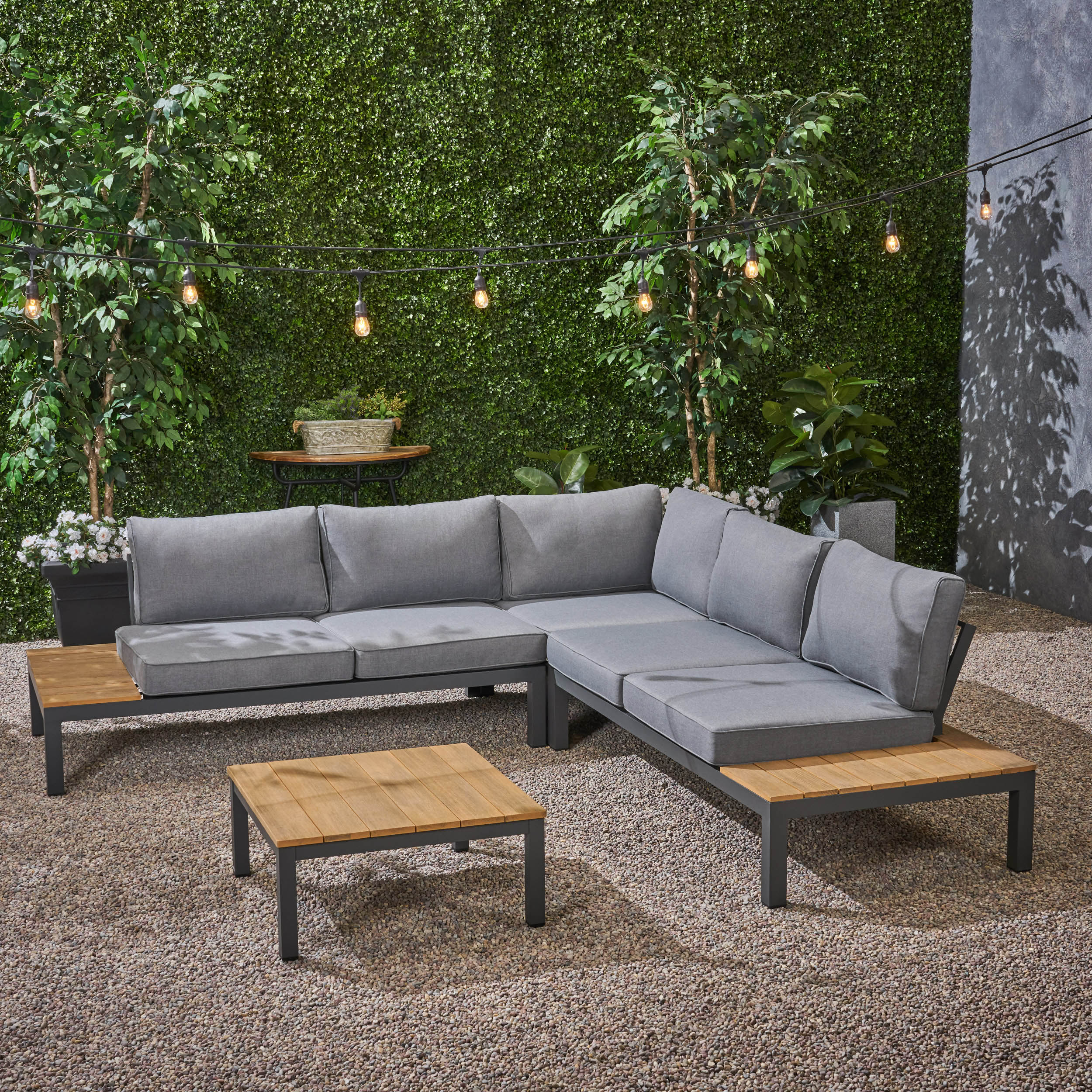 Blessen Outdoor Aluminum and Wood V-Shaped Sofa Set with Cushions - furnishings