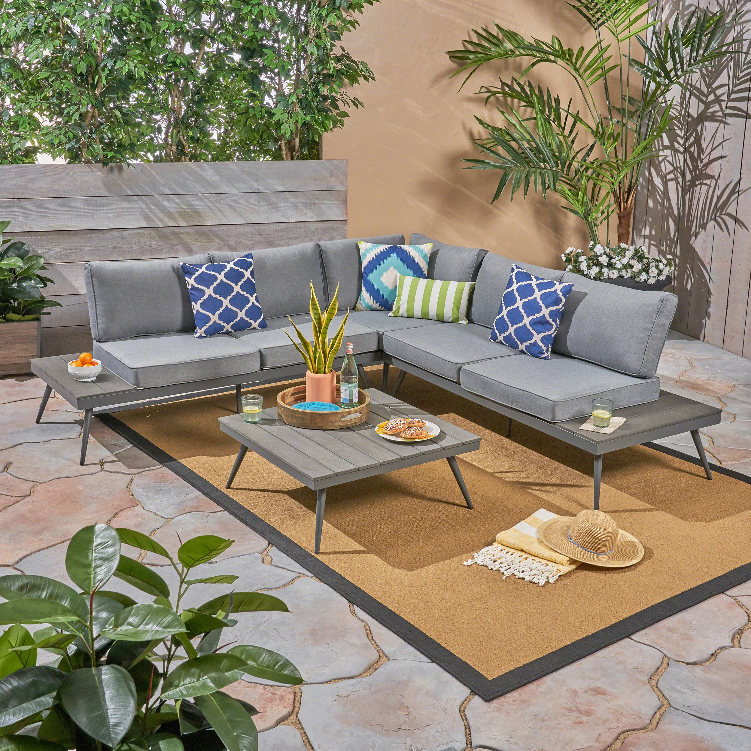 Deborah Outdoor Wood and Aluminum V-Shaped 5 Seater Sofa Set - furnishings