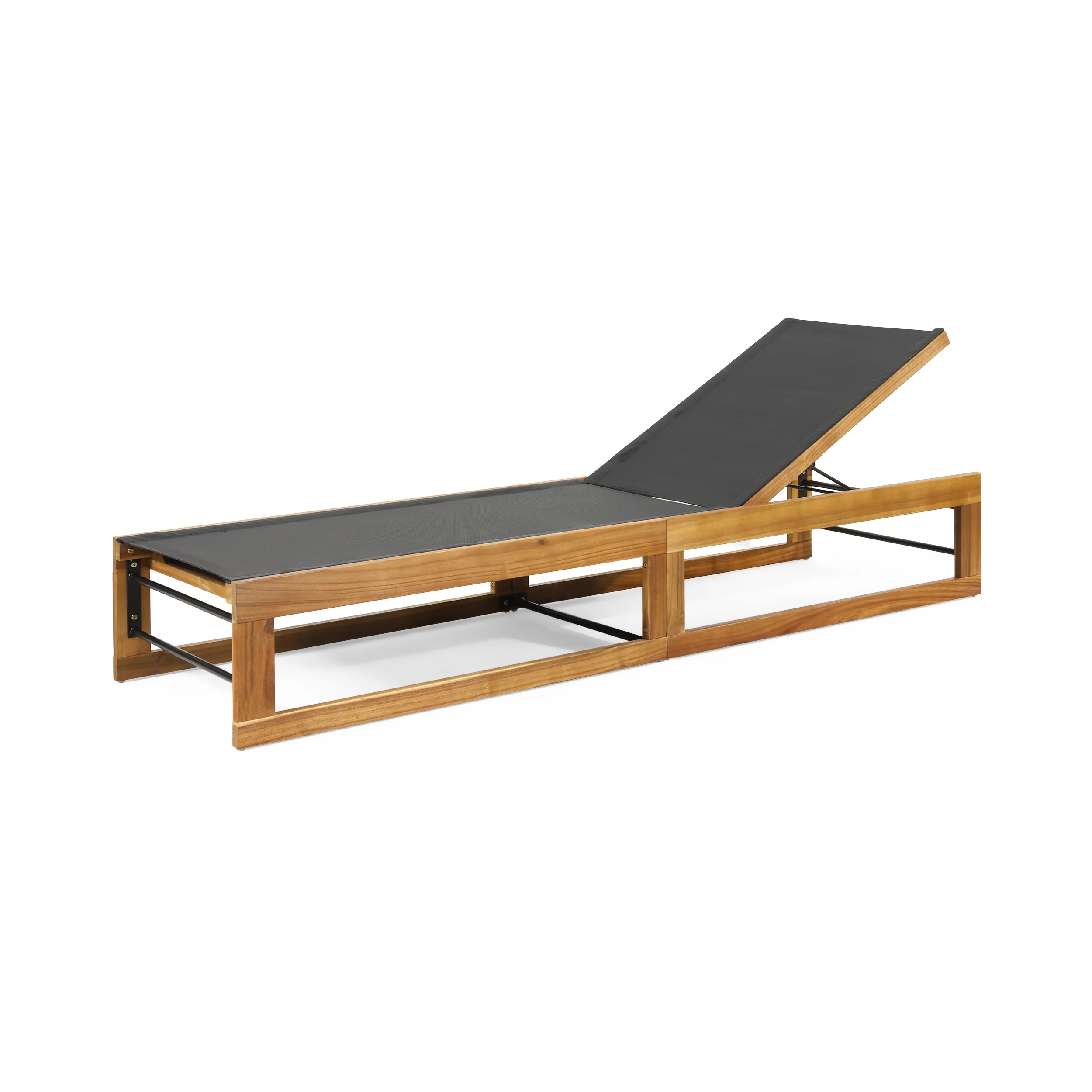 Leavitt Outdoor Mesh and Wood Adjustable Chaise Lounge, Black and Teak - furnishings