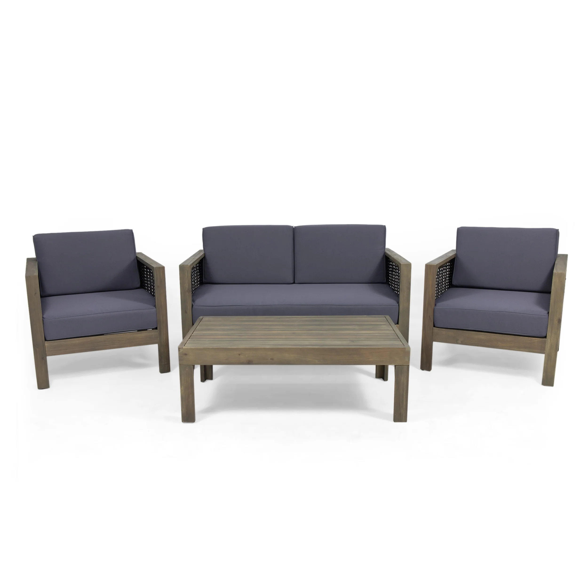 Mayes Outdoor 4 Seater Acacia Wood Chat Set with Wicker Accents - furnishings