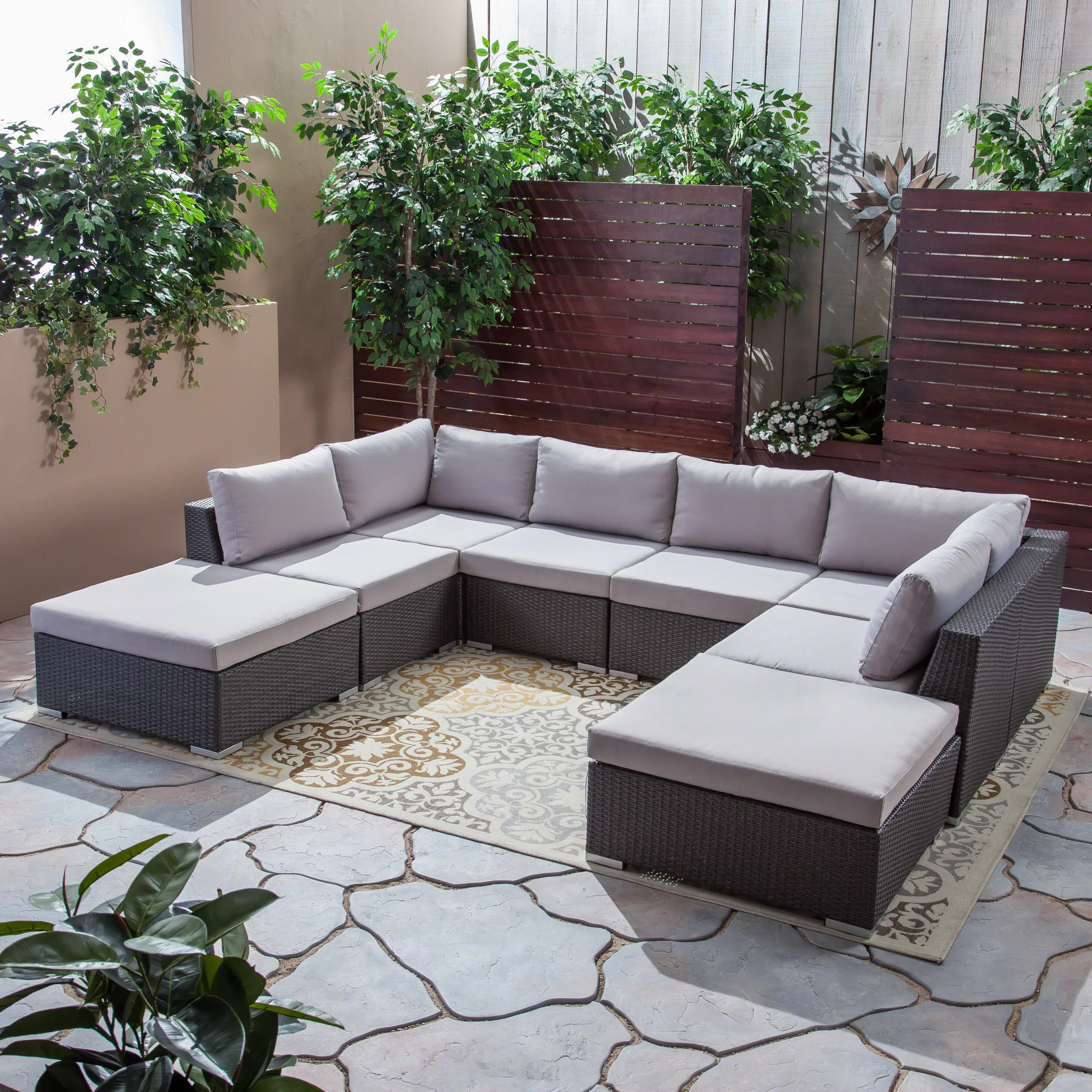 Salome Outdoor 6 Seater Wicker Sofa Set with Aluminum Frame and Cushions, Grey and Silver - furnishings