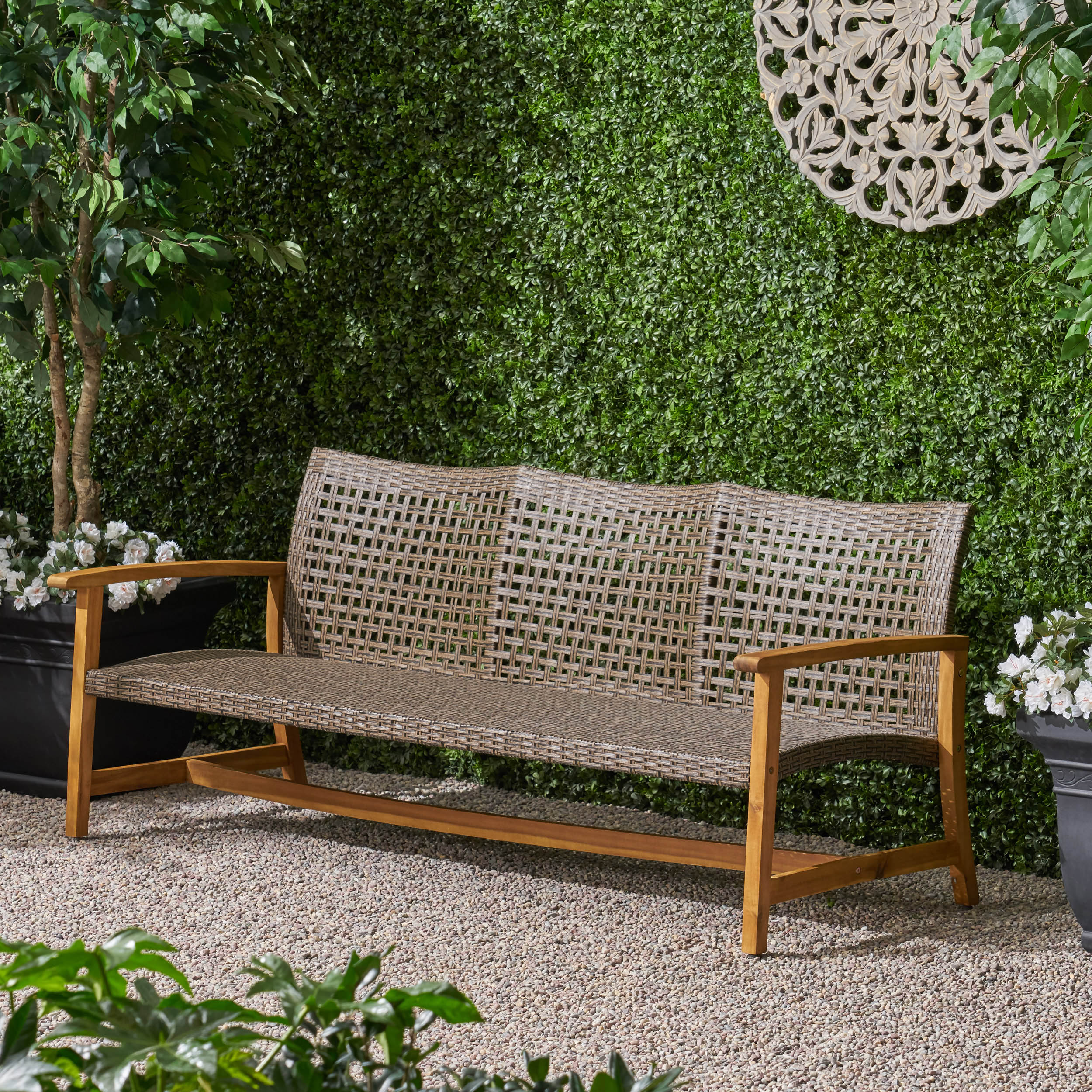 Marcia Outdoor 3-Seater Wicker Weave Sofa with Acacia Wood Frame - furnishings