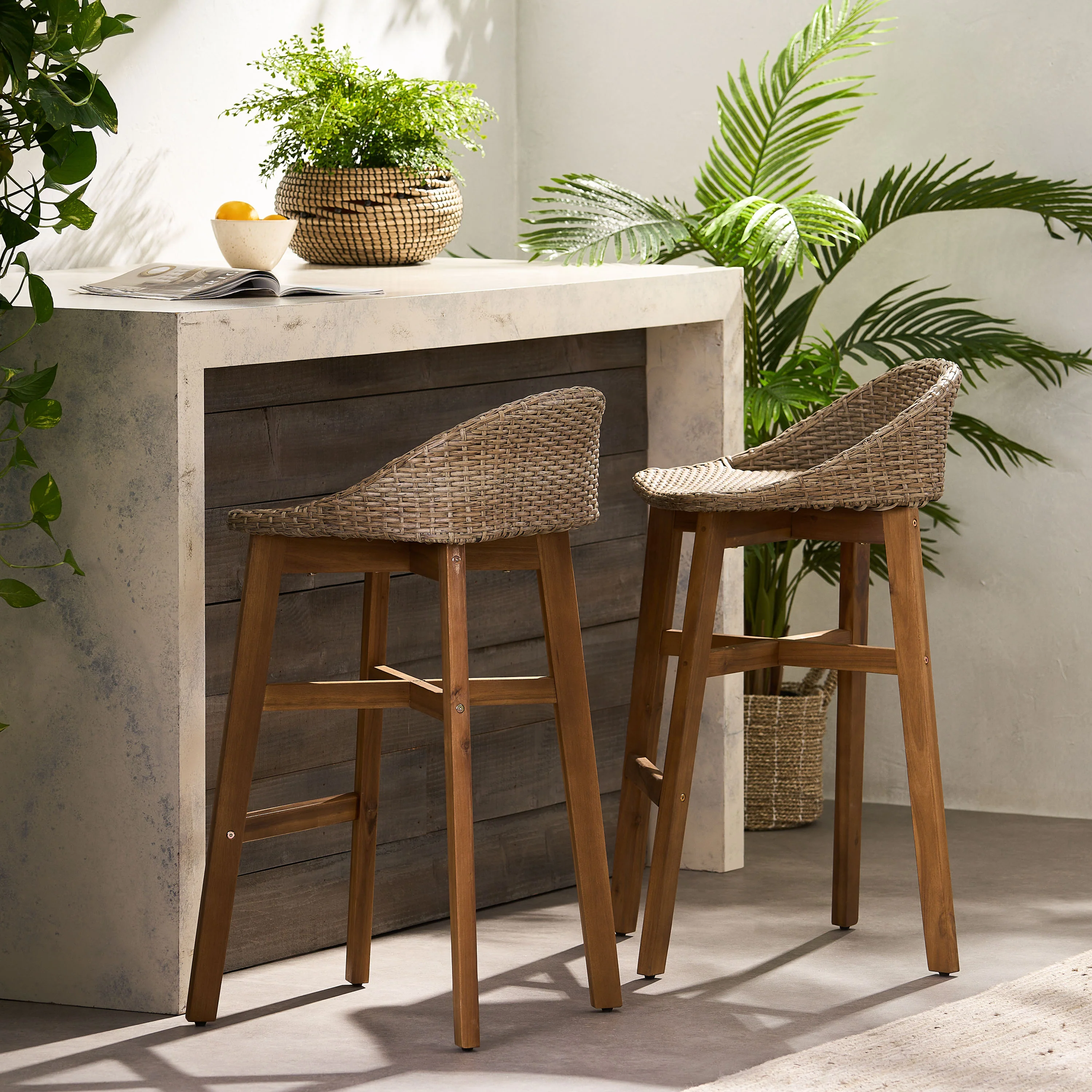 Beeson Outdoor Wicker and Acacia Wood 30 Inch Barstools, Set of 2, Light Multibrown and Teak - furnishings