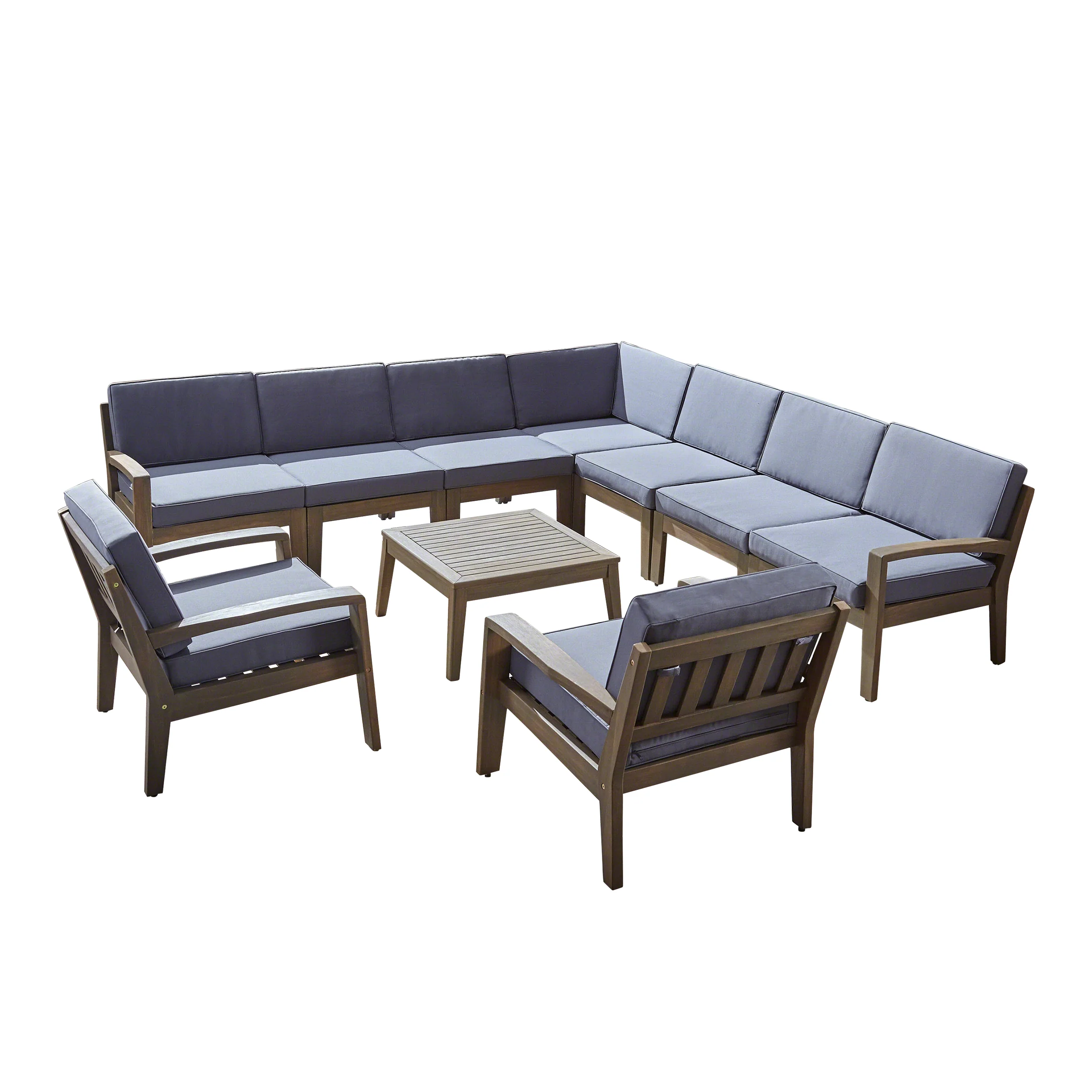 Madeline Outdoor Acacia Wood 9 Seater Sectional Sofa and Club Chair Set with Coffee Table - furnishings