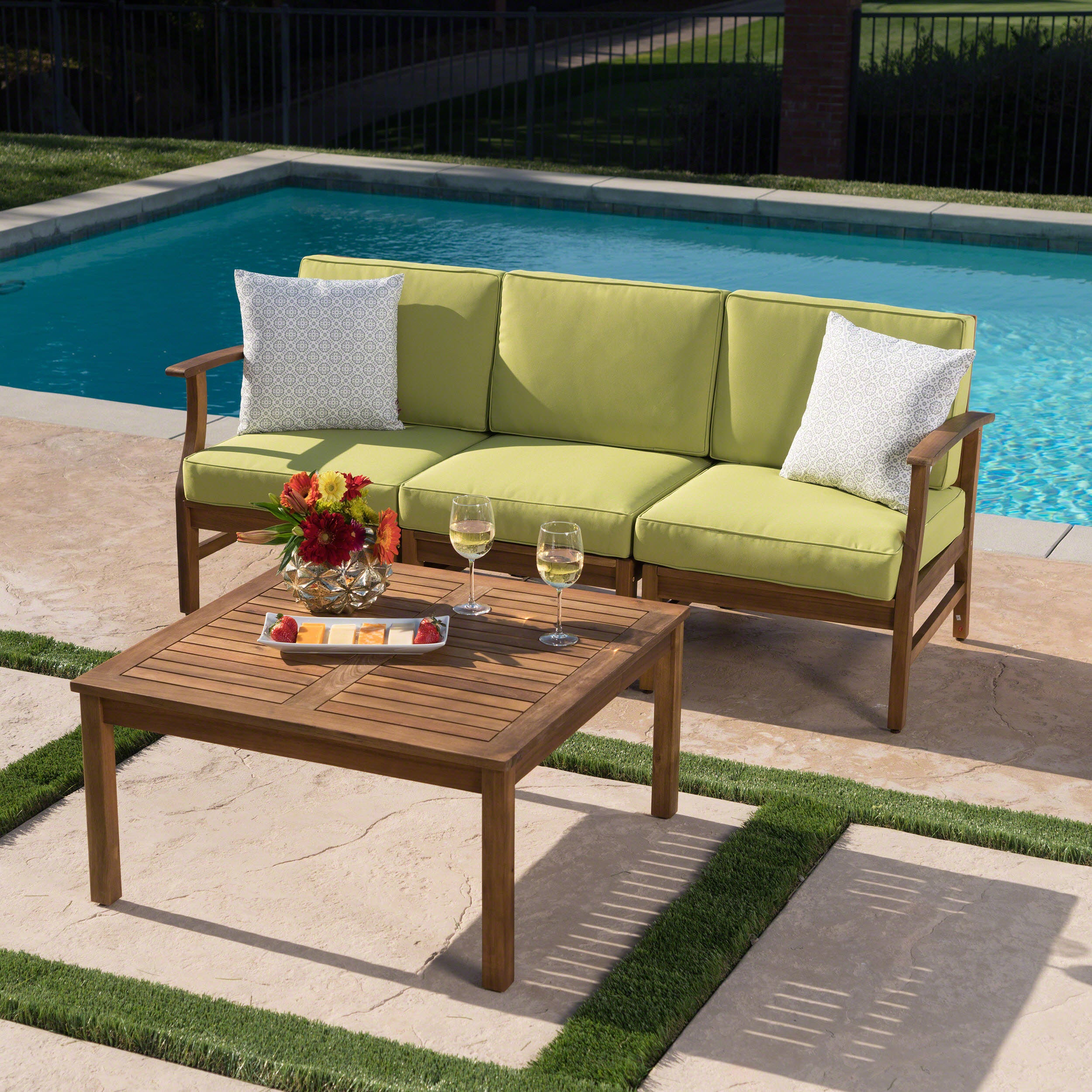 Scarlett Outdoor 3 Seat Teak Finished Acacia Wood Sofa and Table Set - furnishings