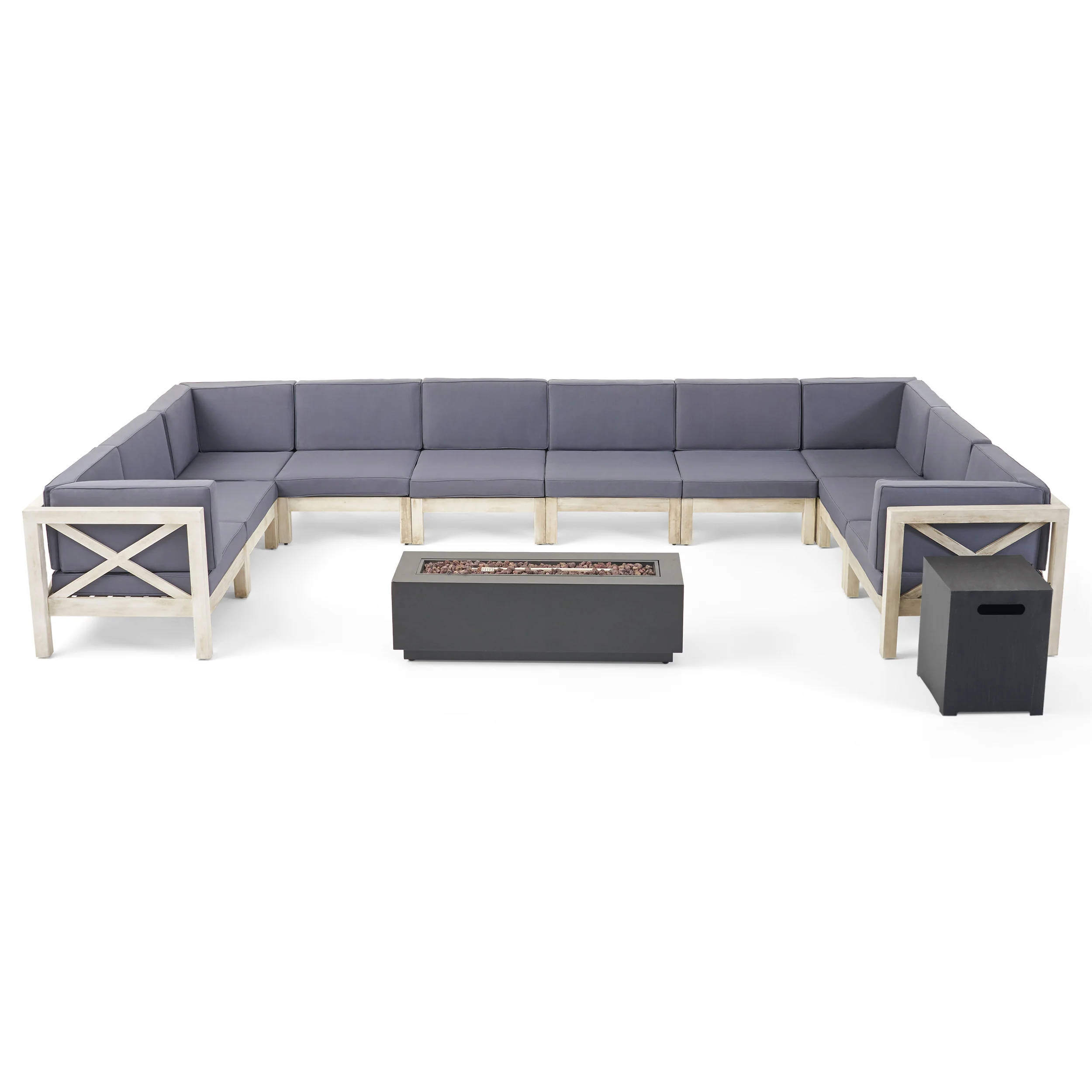 Lorelei Outdoor Acacia Wood 10 Seater U-Shaped Sectional Sofa Set with Fire Pit - furnishings