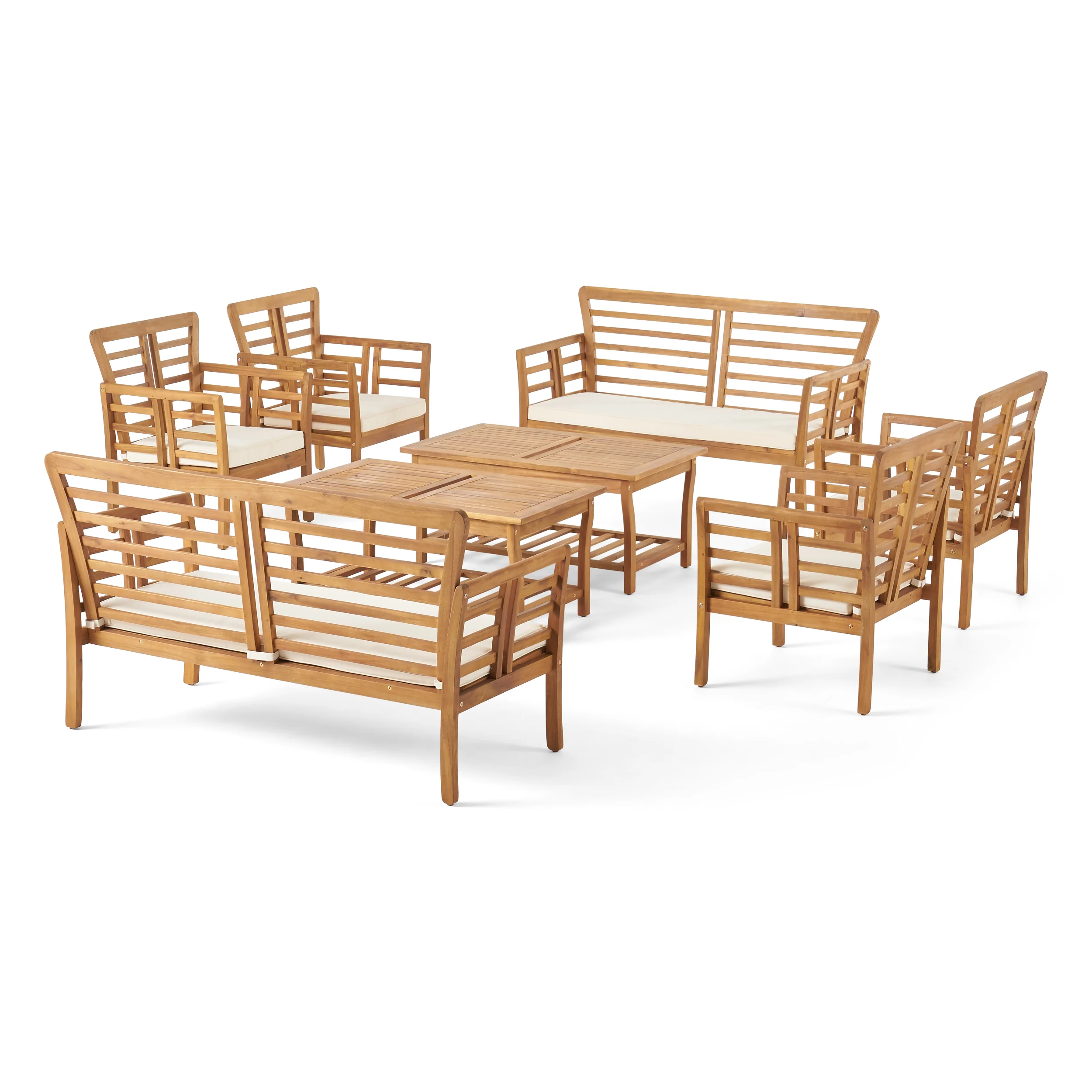 Louis Outdoor Modern Acacia Wood 8 Seater Chat Set with Cushions - furnishings
