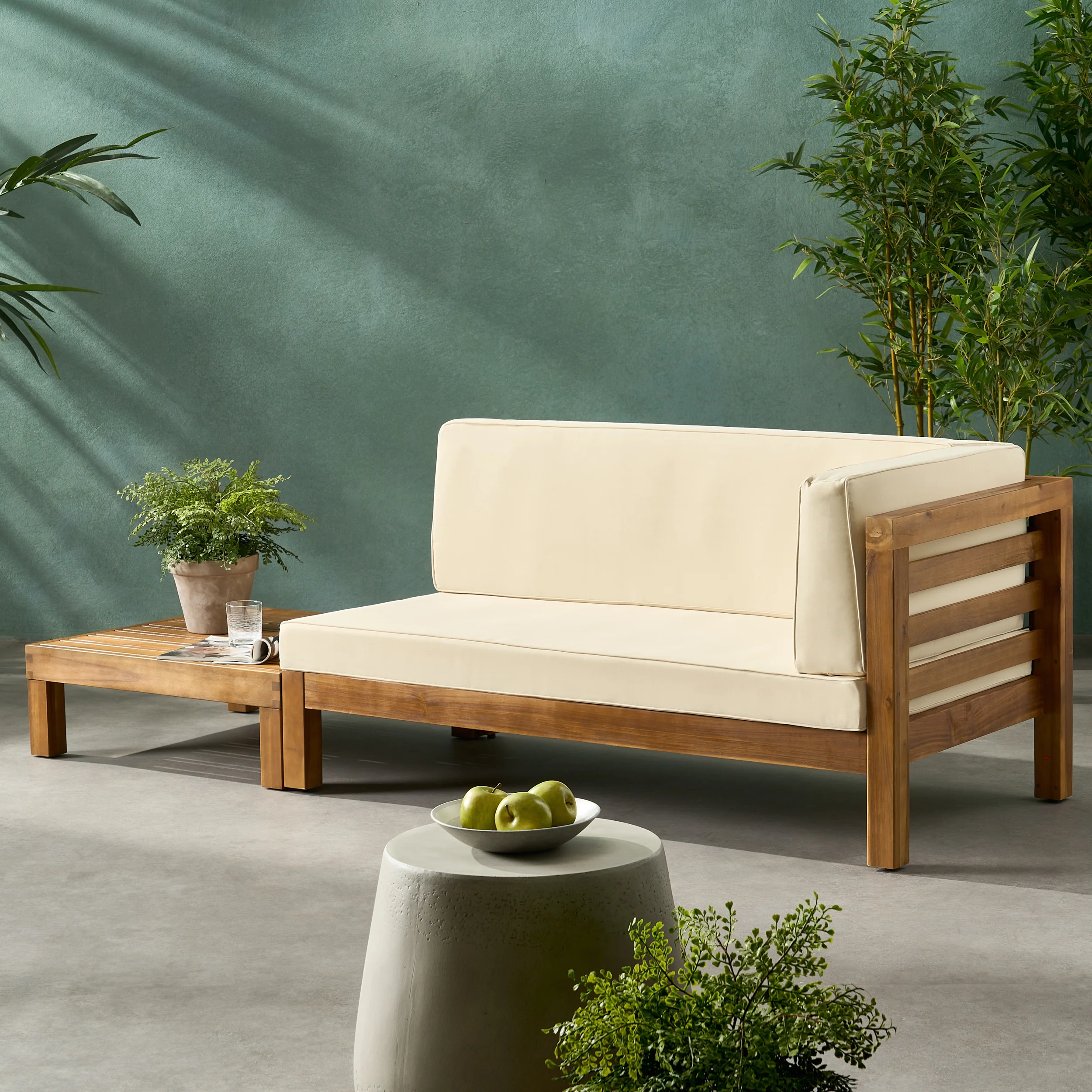 Cascada Outdoor Acacia Wood Right Arm Loveseat and Coffee Table Set with Cushion - furnishings