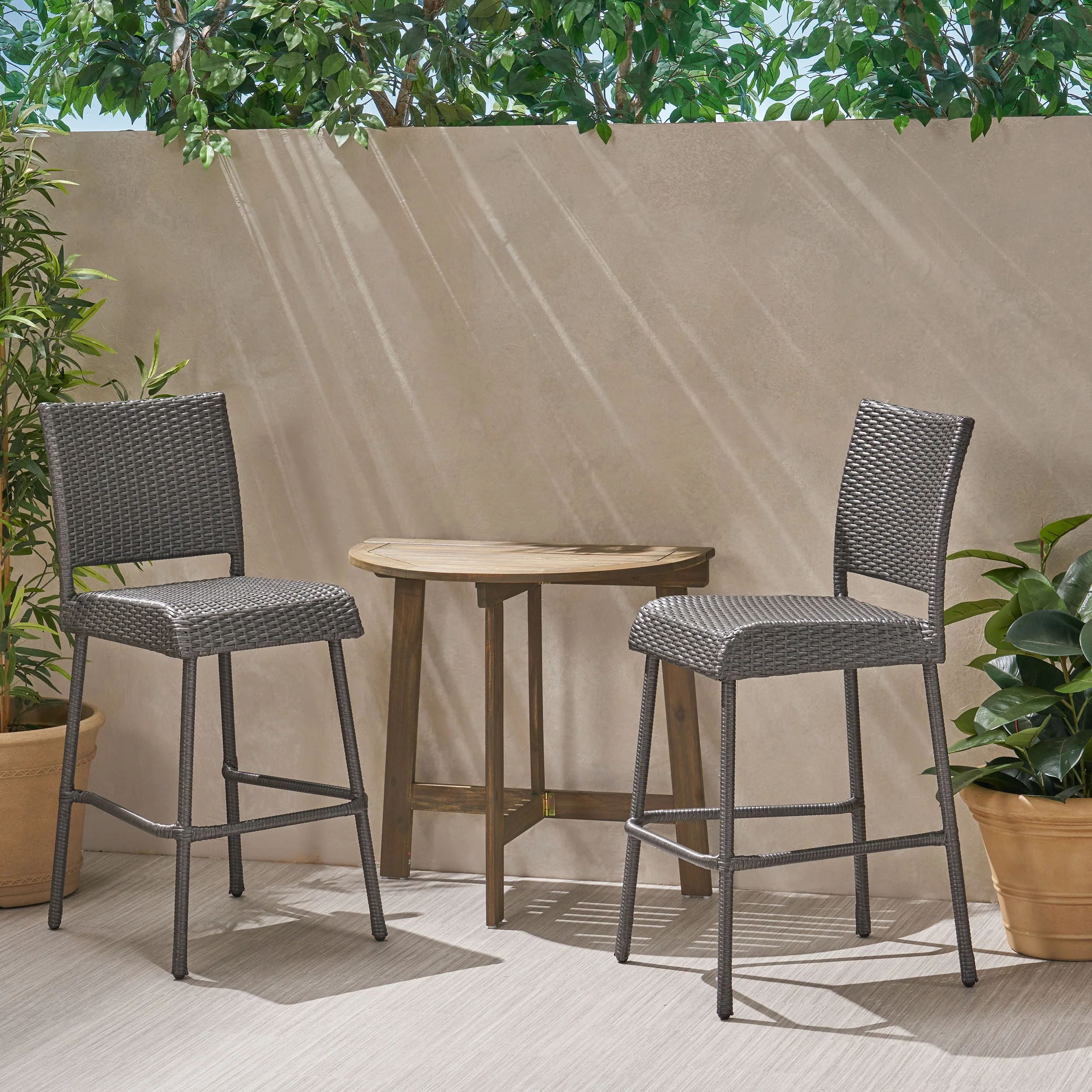 Crislynn Outdoor 2 Seater Half-Round Wood and Wicker Bistro Set with Folding Table - furnishings