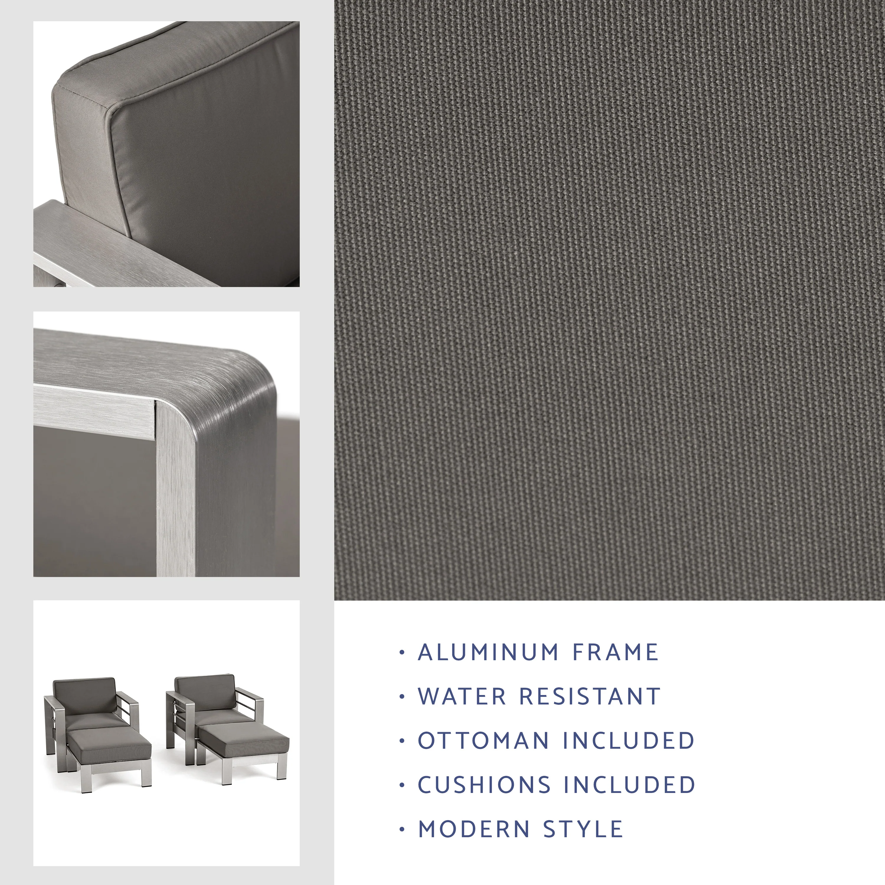 Emily Coral Outdoor Aluminum 2-Seater Club Chair Chat Set with Ottomans, Silver and Gray - furnishings