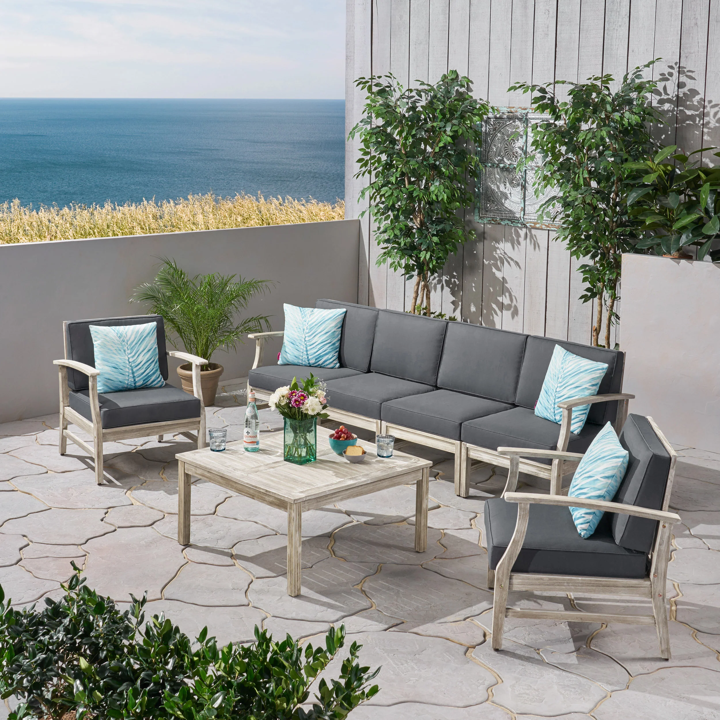 Lorelei Outdoor 7 Piece Acacia Wood 4-Seater Sofa and Club Chairs Set - furnishings