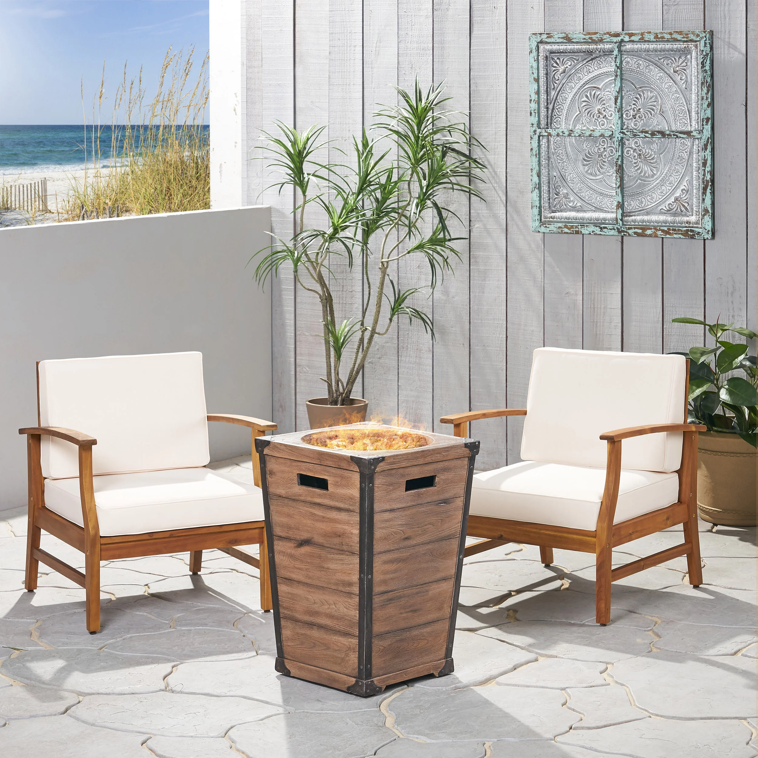 Capri Outdoor 2 Piece Acacia Wood Club Chair Set with Cushions and Fire Column - furnishings