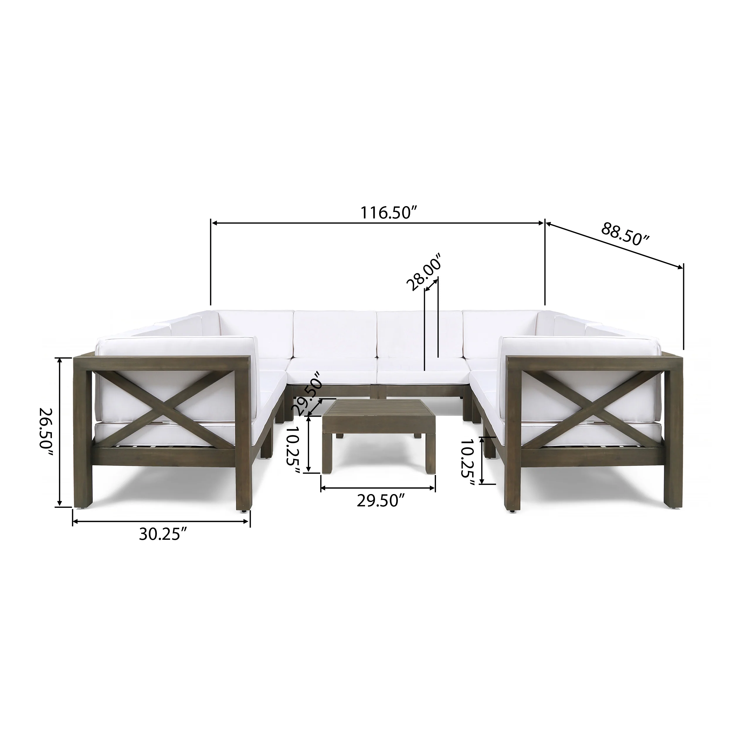 Keith Outdoor Acacia Wood 10 Seater U-Shaped Sectional Sofa Set with Two Coffee Tables - furnishings