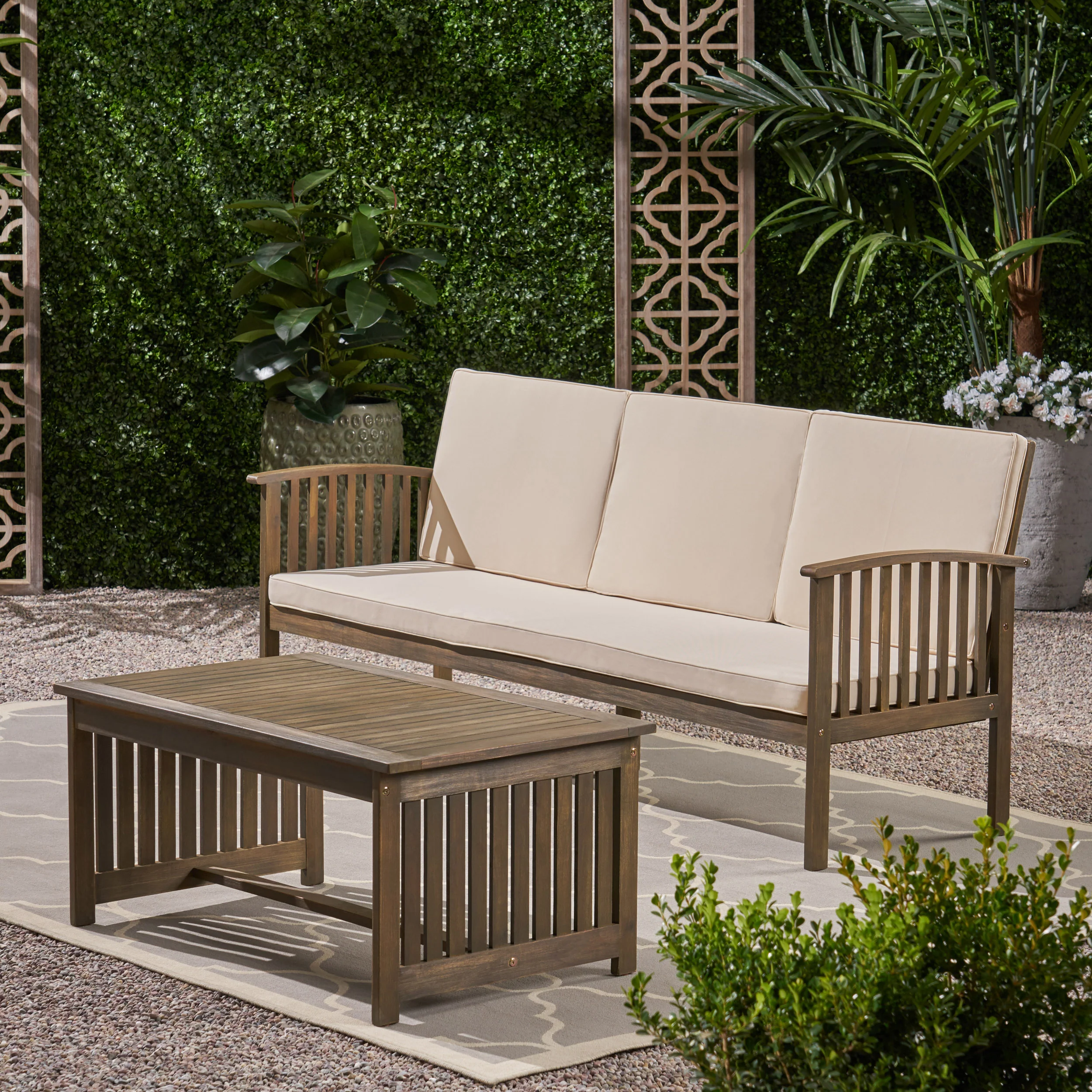 Giles Edward Outdoor Acacia Wood Sofa and Coffee Table Set - furnishings