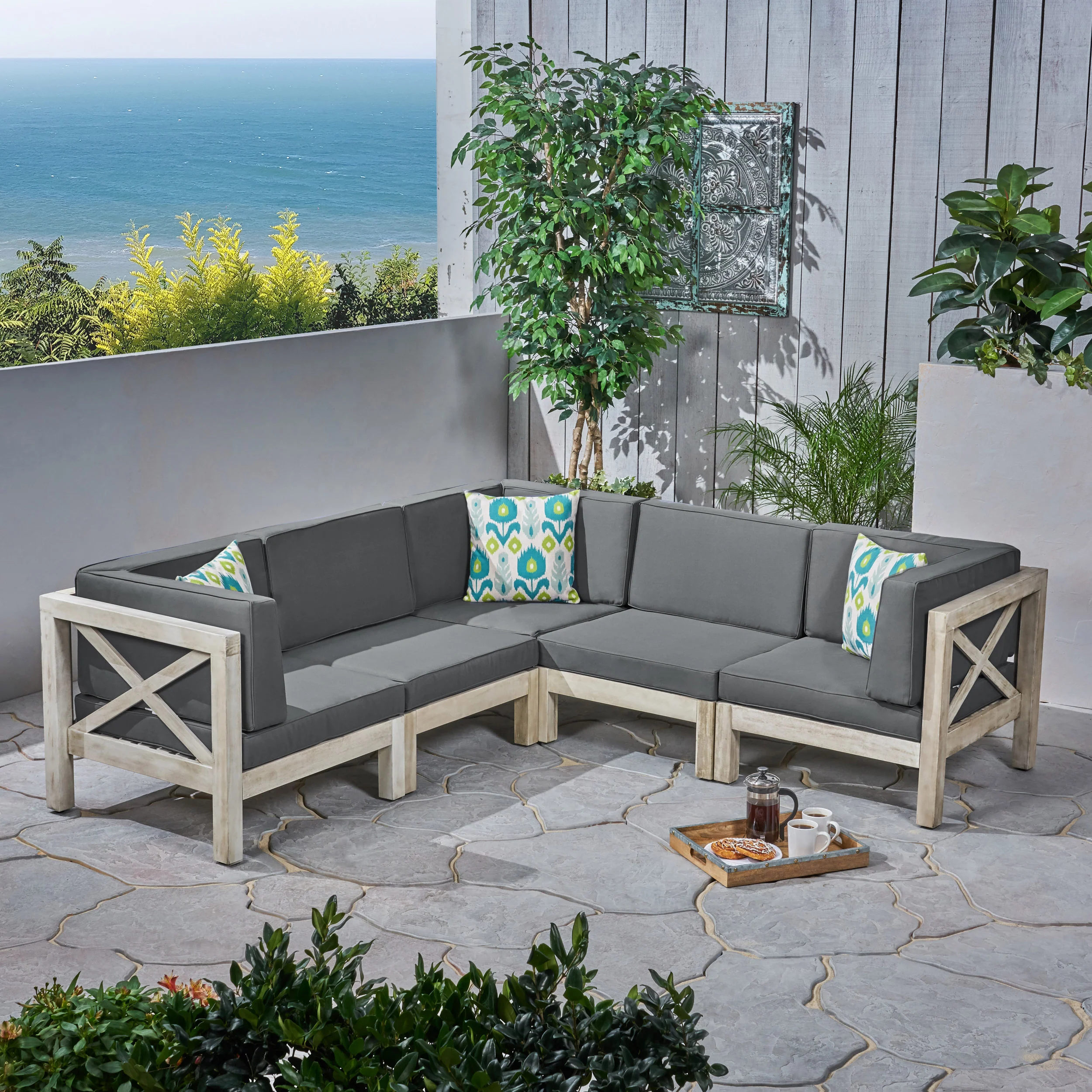 Brava Outdoor Acacia Wood 5 Seater Sectional Sofa Set with Water-Resistant Cushions - furnishings
