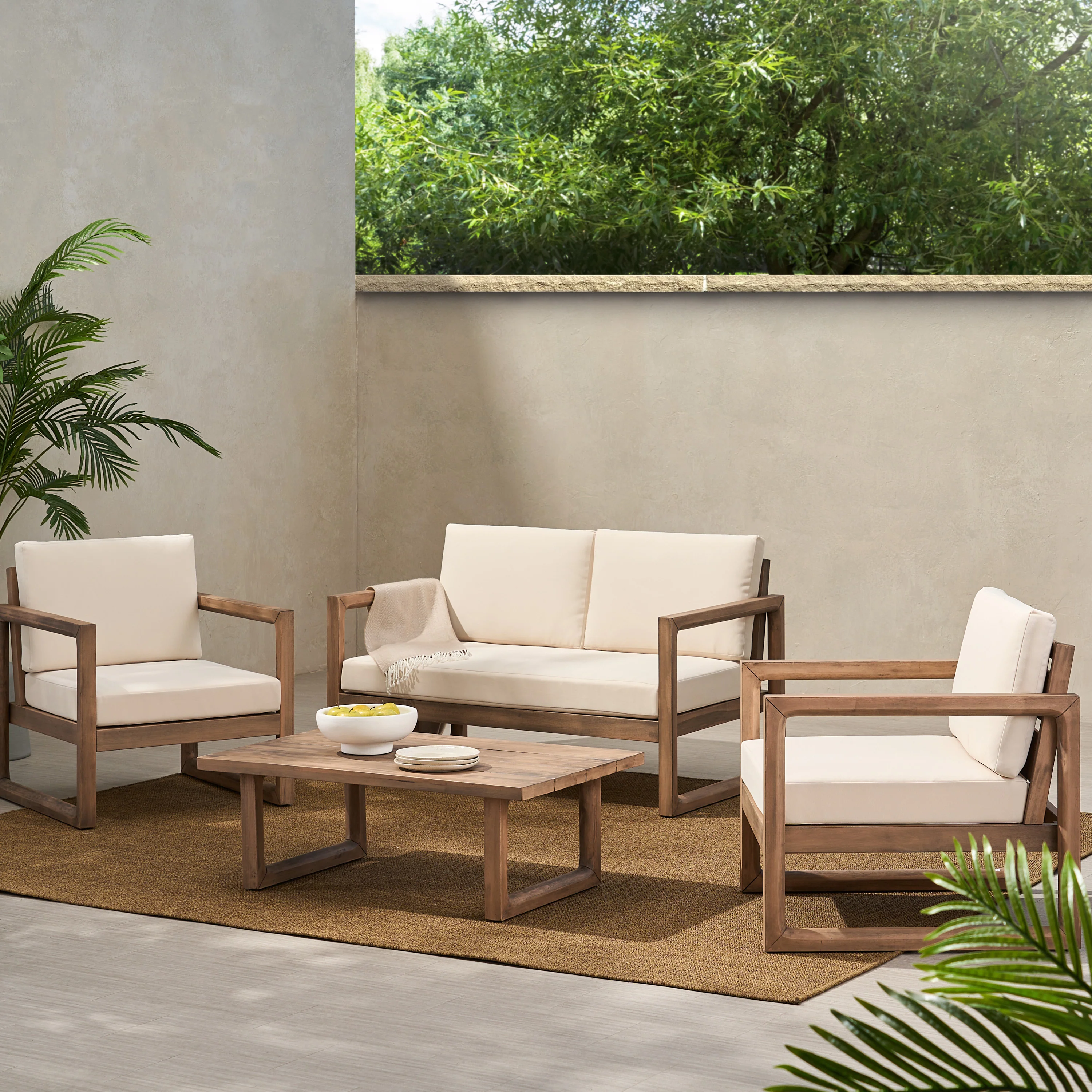 Petteti Outdoor Acacia Wood Chat Set with Cushions, Brown and Beige - furnishings