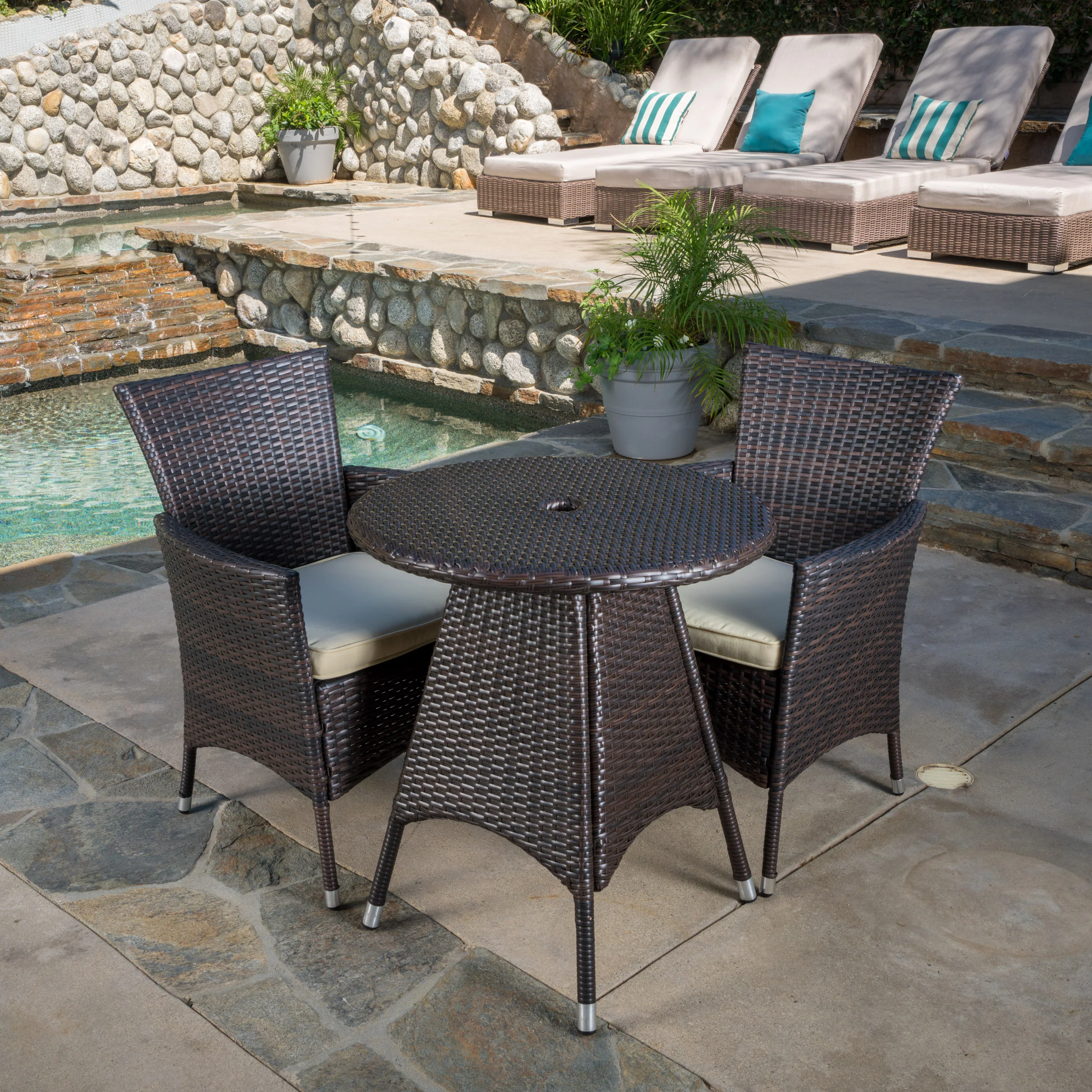 Clementine Outdoor 3pc Multibrown Wicker Bistro Set - furnishings