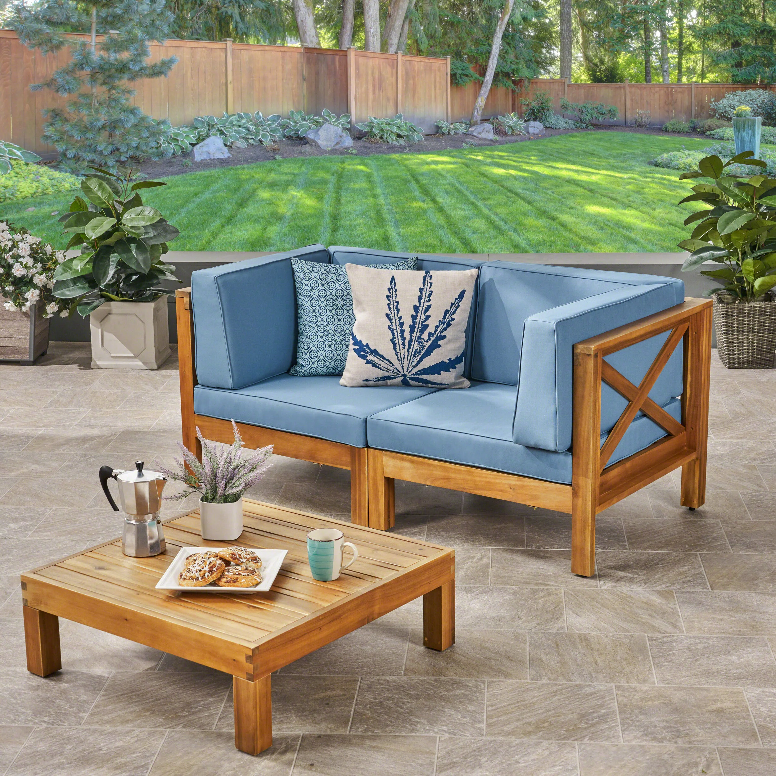 Brava Outdoor Modular Acacia Wood Sofa with Cushions and Coffee Table Set - furnishings