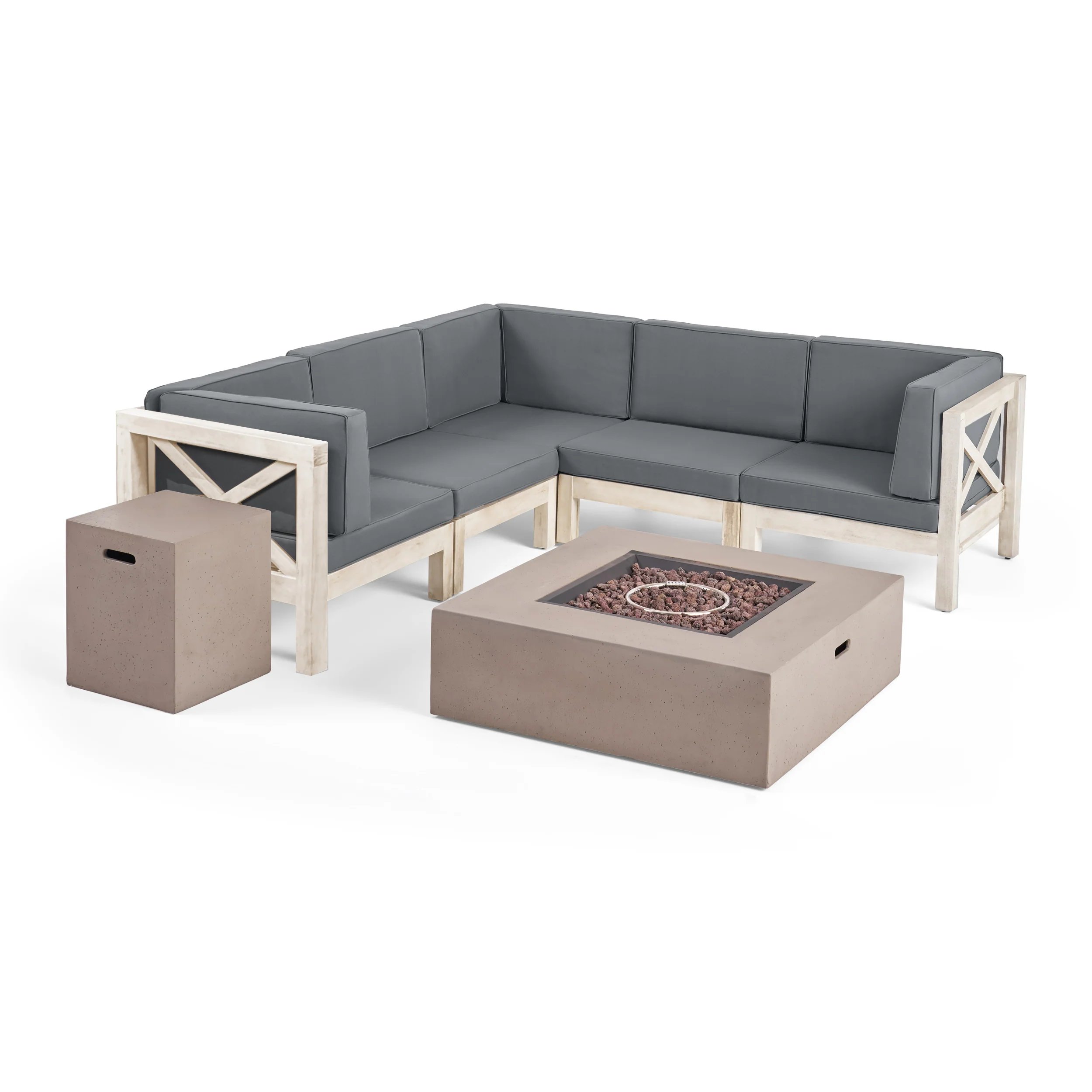 Cynthia Outdoor Acacia Wood 5 Seater Sectional Sofa Set with Fire Pit - furnishings