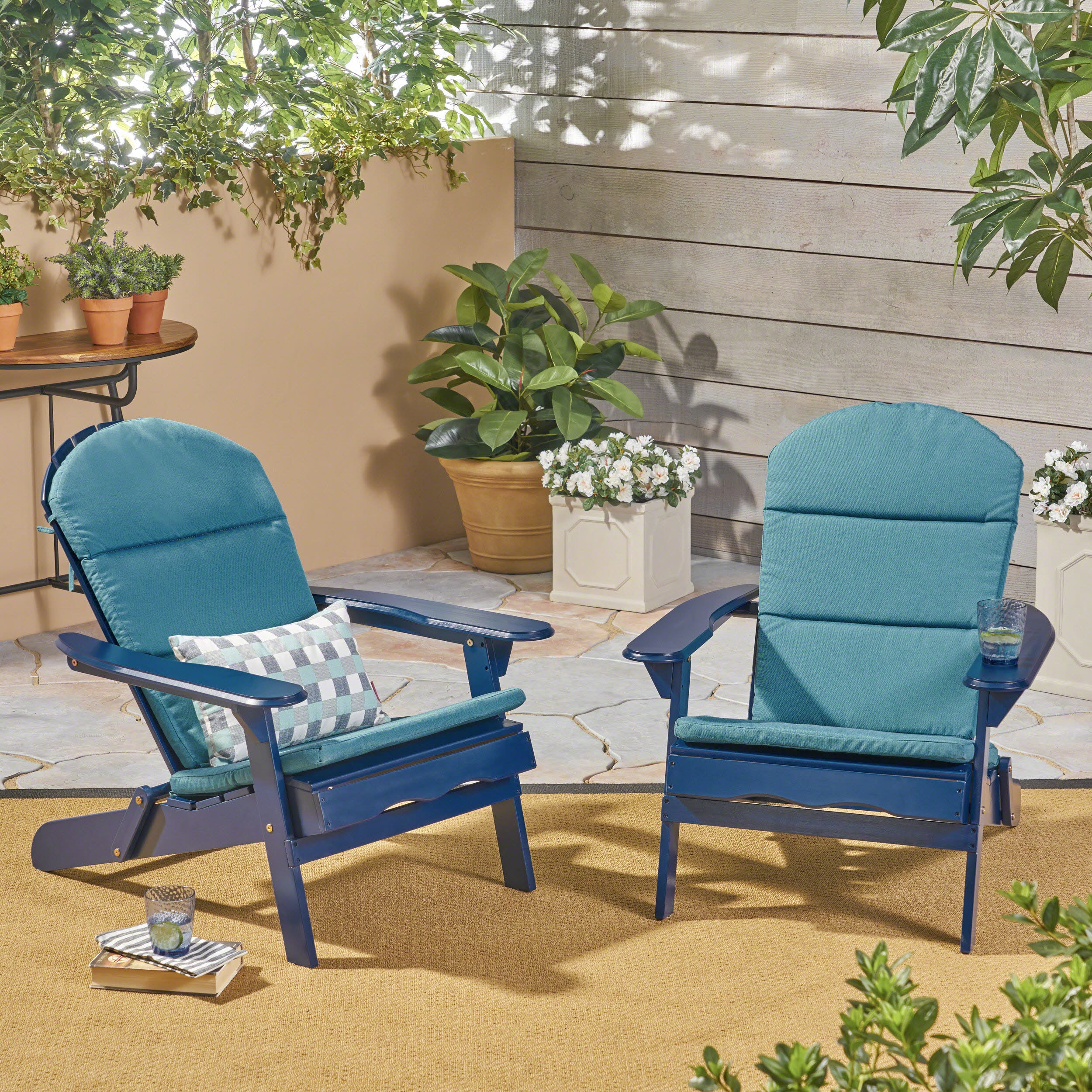 Nelie Outdoor Acacia Wood Folding Adirondack Chairs with Cushions - furnishings