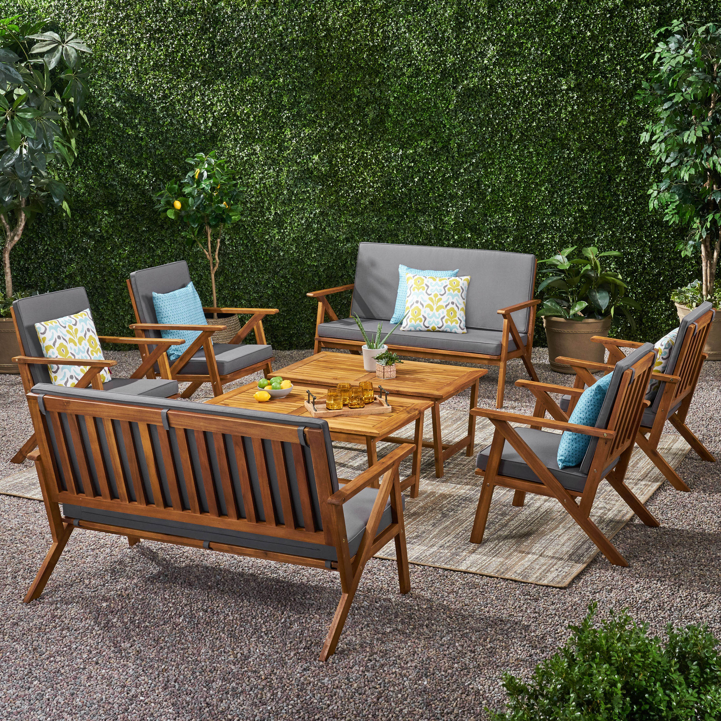Manarola Outdoor 8 Seater Acacia Wood Chat Set with Coffee Table - furnishings