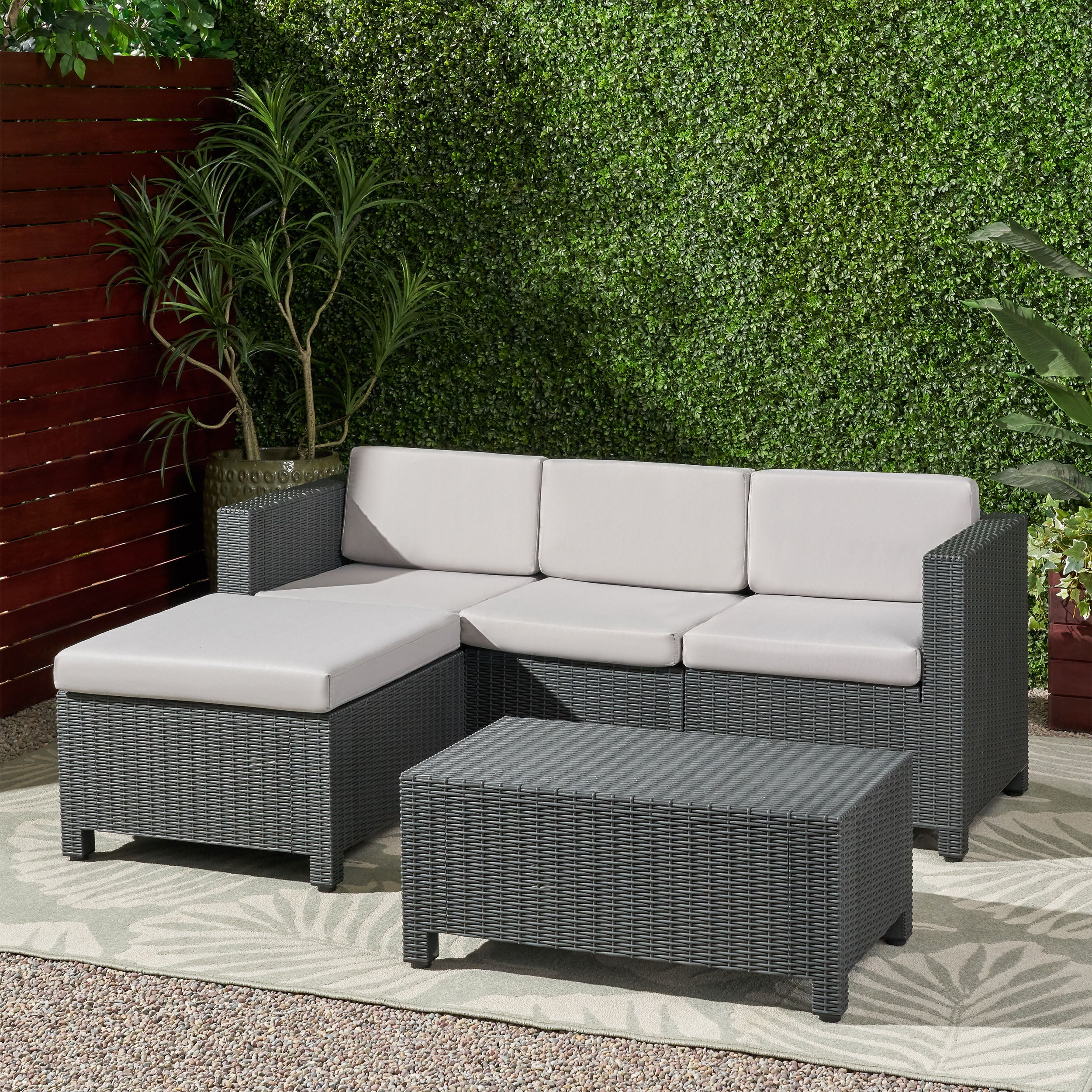 Riley Outdoor Faux Wicker Print 3 Seater Sectional Set with Ottoman - furnishings